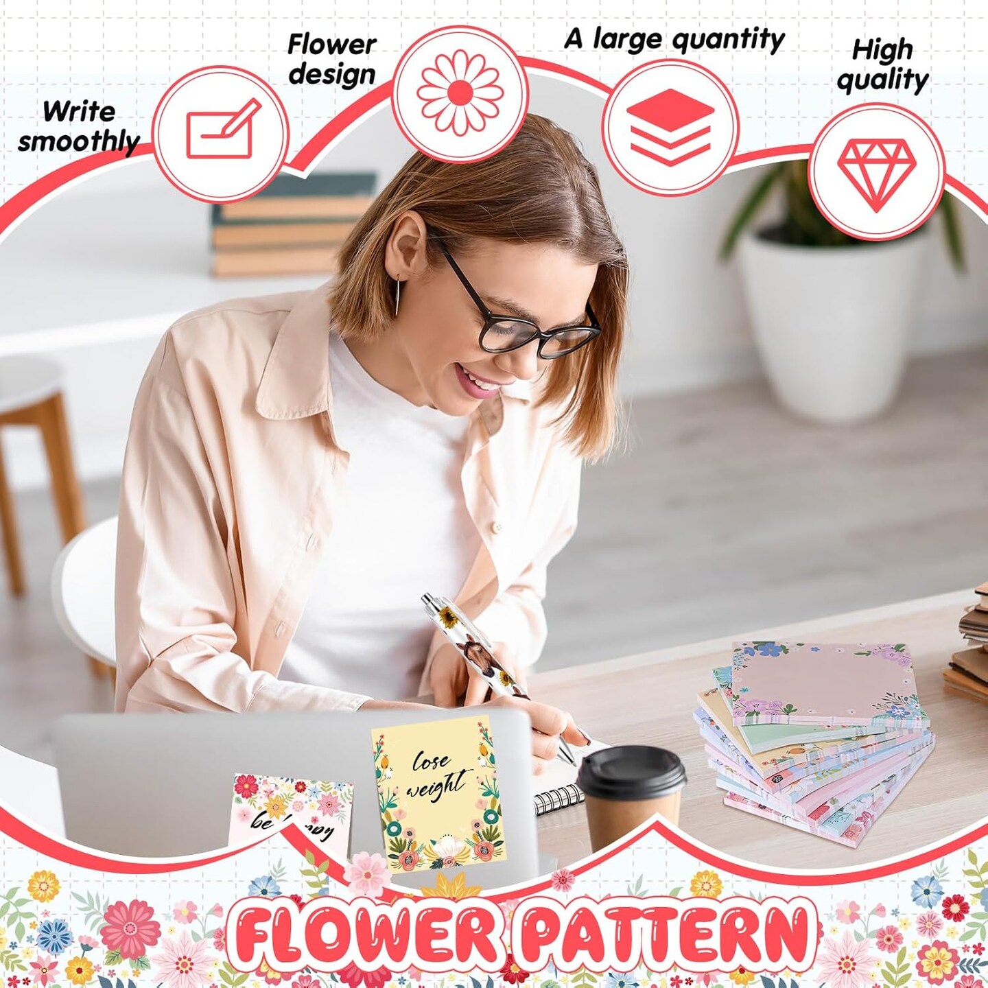 9 Pads Cute Sticky Notes Animal Sticky Note Pads 3.15 x 3.94 Inches Colored Adhesive Memo Reminder Decor for Journal School Office Gifts(Flower)