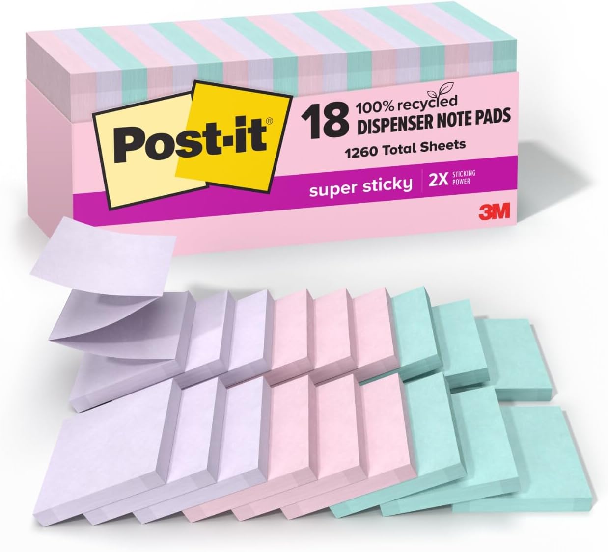 100% Recycled Paper Super Sticky Pop-up Notes, 18 Sticky Note Pads, 3 in. x 3 in.,Wanderlust Pastels, School Supplies and Office Products