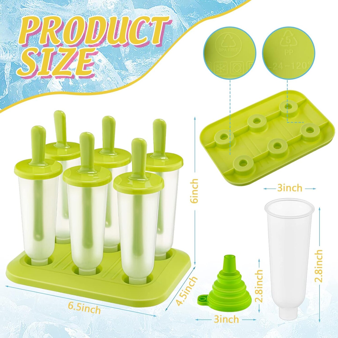 6 Sets 36 Pcs Ice Cream Mold, BPA Free Kids Food Grade Reusable Plastic Ice Cream Tray Holder with Sticks, Easy Release Ice Pop Maker with Funnel and Brush, 3 Colors for DIY Freezer Homemade