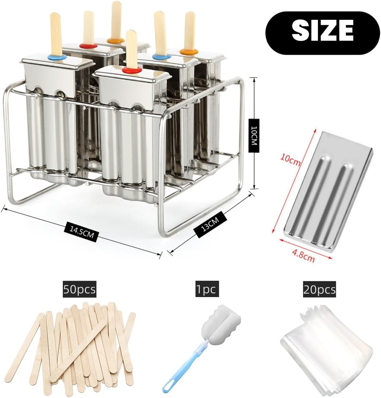 Set of 6 Stainless Steel Popsicle Molds Kit, Homemade Ice Treat Makerwith 50 Wooden Sticks and 6 Silicone Seals and 20 Pop Bags,Cleaning Brush&#xFF08;Square&#xFF09;