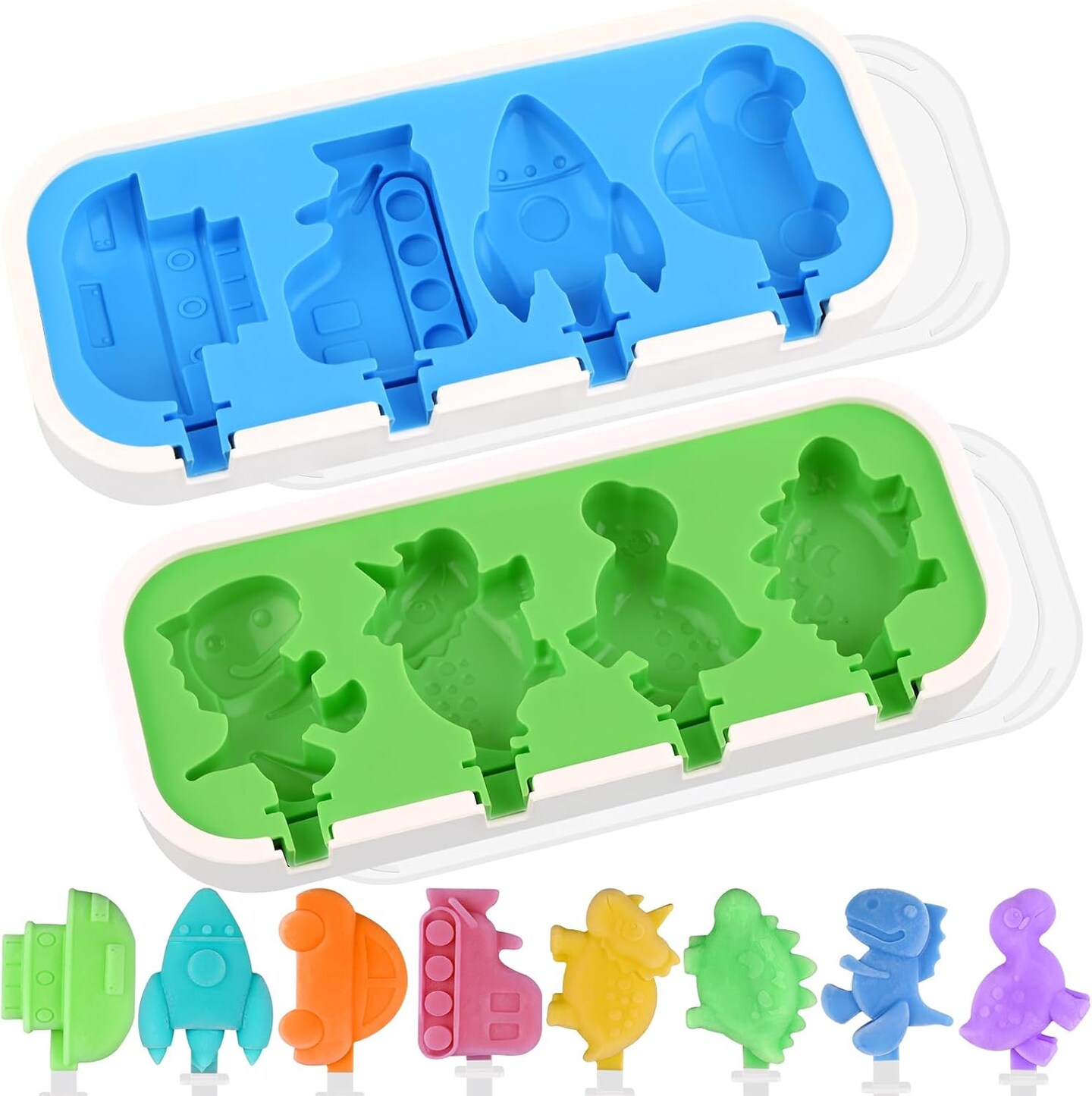 2 Pack Silicone Popsicle Molds with Lid, 4-Cavity Mini Popsicle Molds for Kids - Cars, Ships, Train, Rocket and Dino Shapes (Green & Blue)