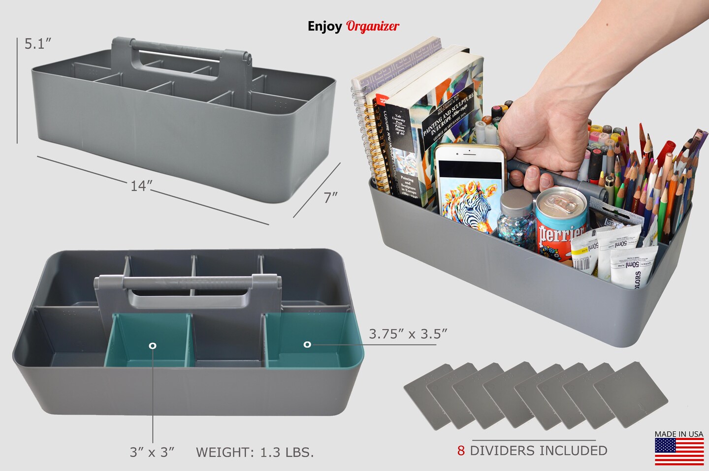 Enjoy Organizer | 2 Pack Portable Storage Caddy Compartment With Handle Plastic Art, Desk, Classroom & Makeup Storage Bin – Made in USA