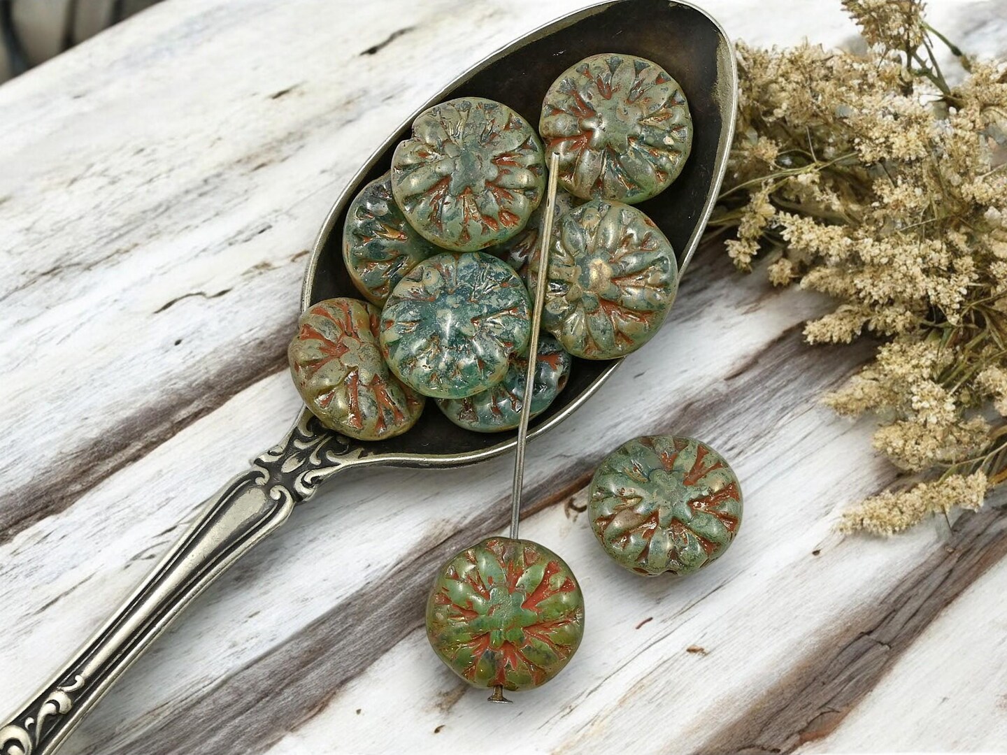 *10* 14mm Antiqued Aqua Picasso Luster Dahlia Flower Coin Beads