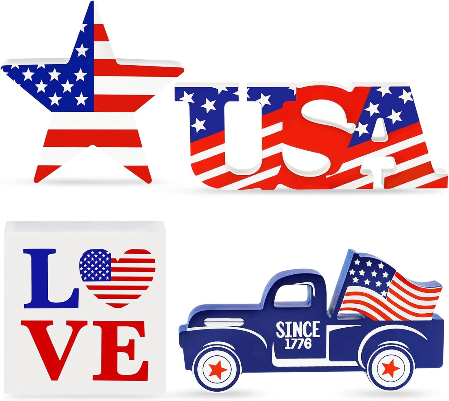 4th of July Decor Patriotic Decorations 4Pcs Wooden Star USA LOVE Car Sign Fourth of July Tabletop Decorations Memorial Day Red White and Blue Decor