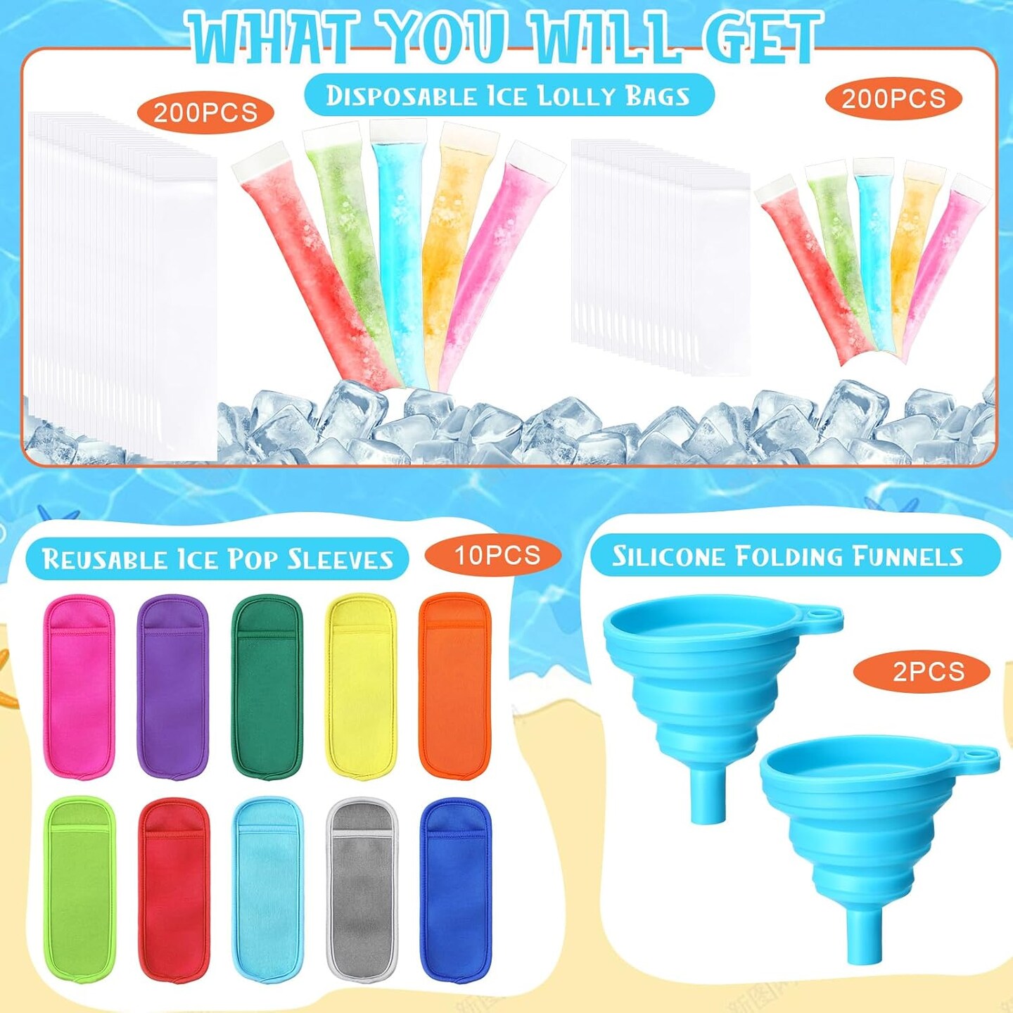 400 Piece Ice Mold Bags with Zip Seal Disposable Yogurt Tubes 2 Sizes with 2 Funnels 10 Reusable Ice Pop Sleeves for DIY Healthy Snacks, Juice, Yogurt Sticks, Fruit Smoothies