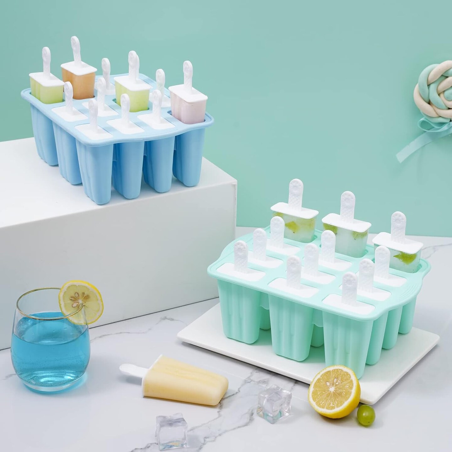 Popsicle Molds, 12 Pieces Silicone Ice Pop Molds Popsicle Mold Silicone BPA Free Reusable 14 Sticks Easy Release Ice Pop Make (Green, 12 Cavities)
