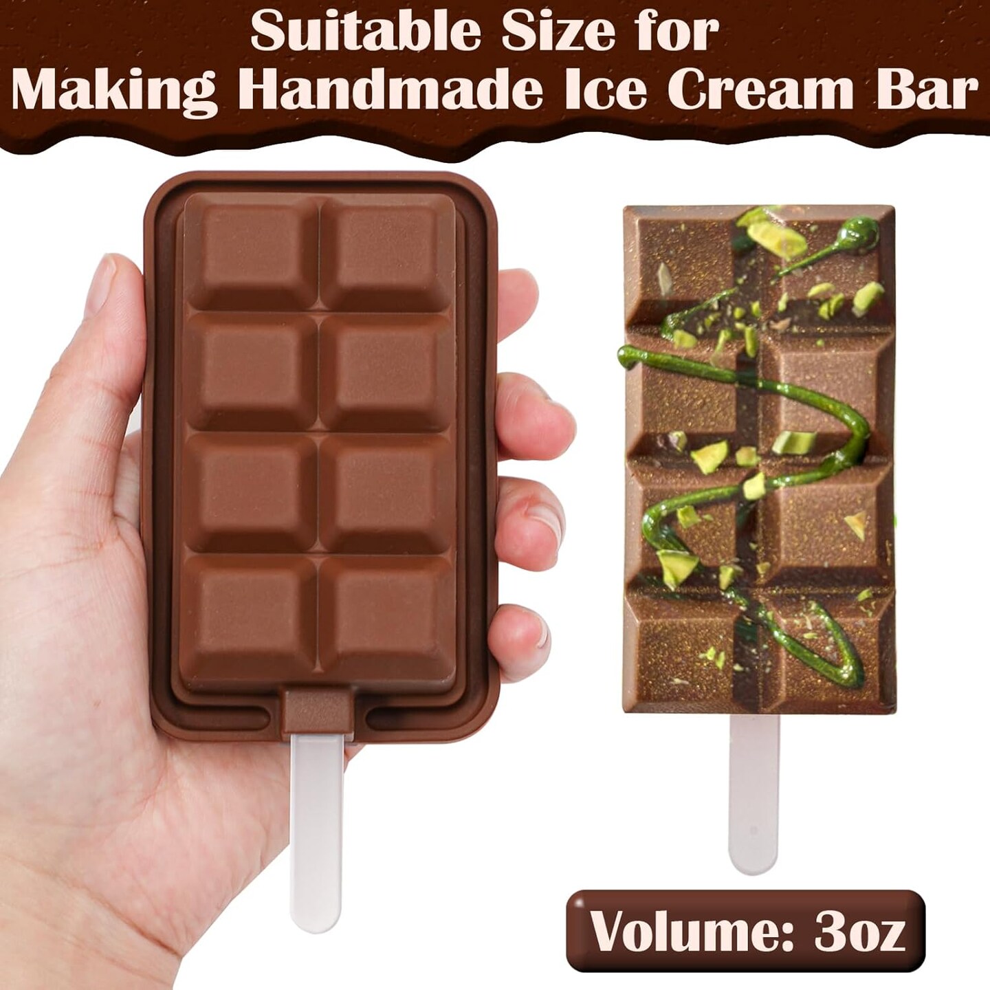 Silicone Popsicle Molds for Dubai Chocolate Ice Cream Bar, Ice Pop Mold with Popular Chocolate Bar Design for Homemade Frozen Snacks, 4 Pack Studry Plastic Lids and Sticks