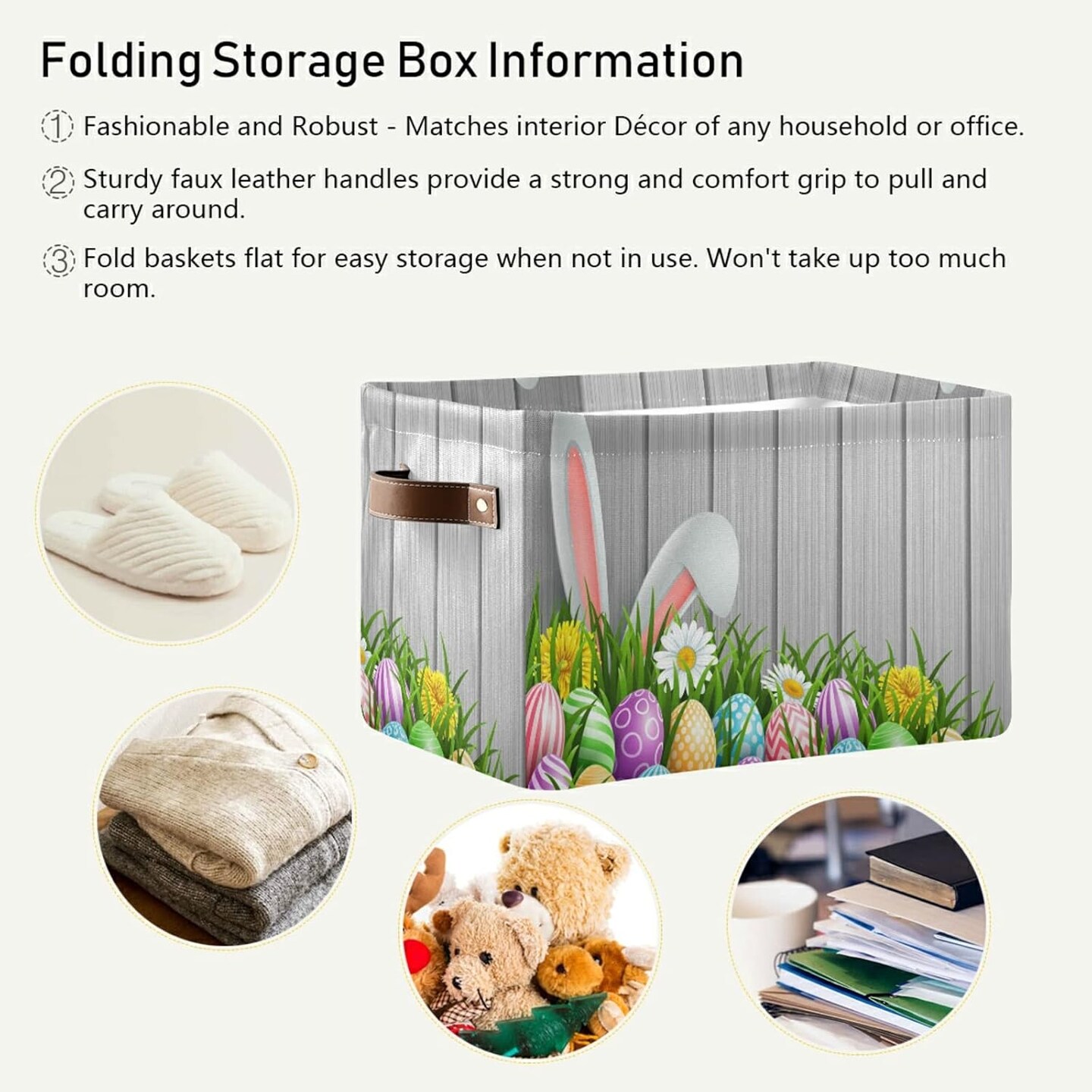 Easter Storage Basket with Handles, Easter Bunny Ears Flowers Wood Large Foldable Fabric Collapsible Storage Bins Organizer Bag for Storage