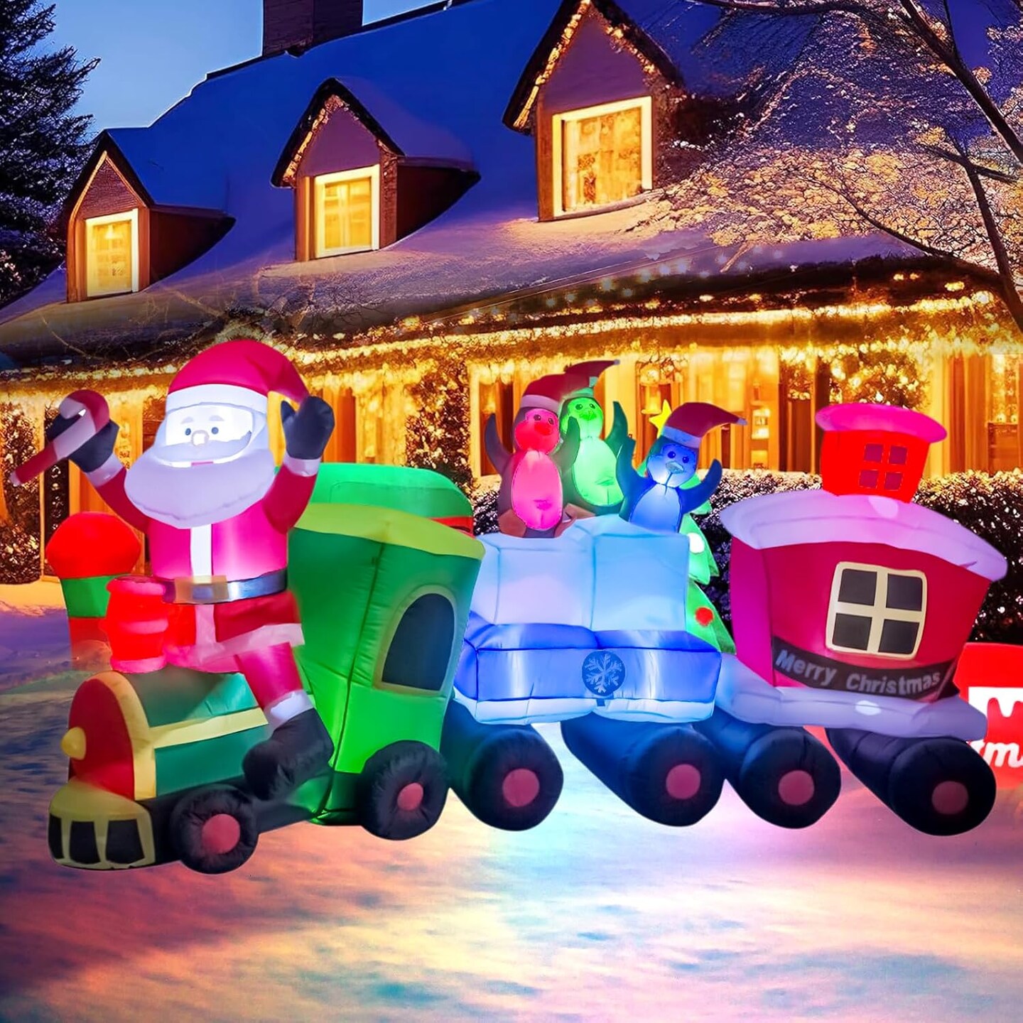 Christmas Inflatable Santa Train Decoration for Outdoor, 8ft Long Santa Claus Penguin Train Blow up Decoration with Flashing Lights Christmas Indoor Outdoor Yard Holiday Display Party Decor