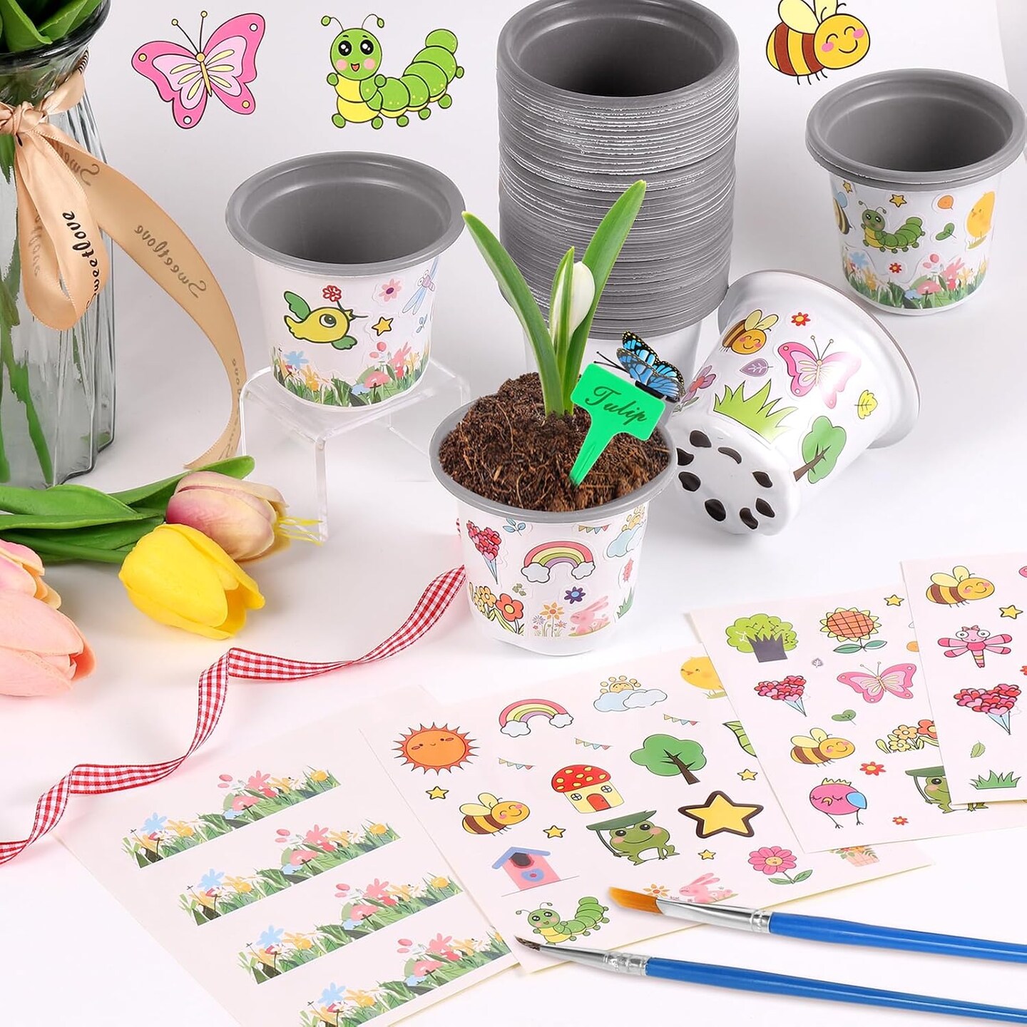Spring Garden Plastic Pot Craft Kit 50 Nursery Pots with 32 Stickers 50 Plant Labels 4 Painting Tools and 1 Ribbon for Kids Flower Plant Spring Graduation DIY Crafts Painting Gardening Growing Tools