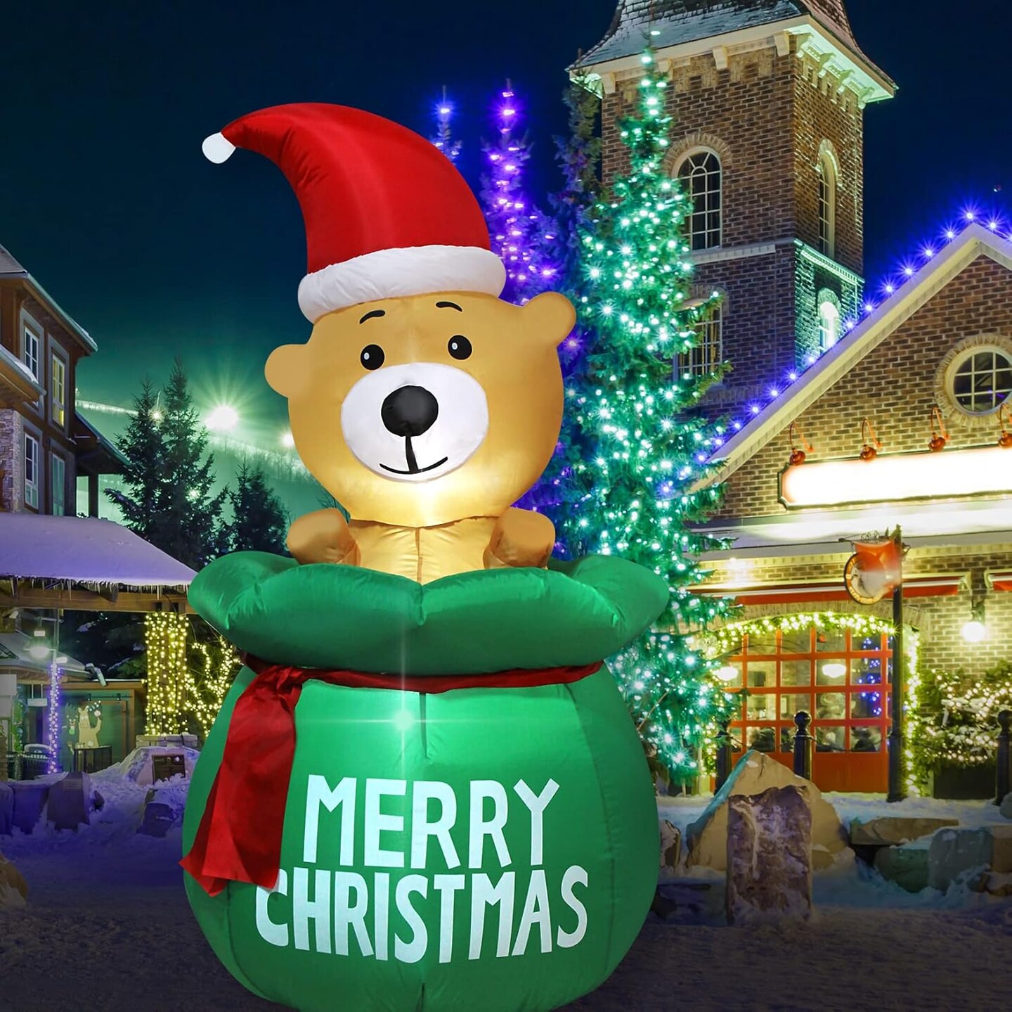 5 Feet Christmas Inflatable Bear with Santa&#x27;s Bag Lighted Blow Up Christmas Yard Decoration with Built in Fan and Anchor Ropes (Bear with Gift Bag)