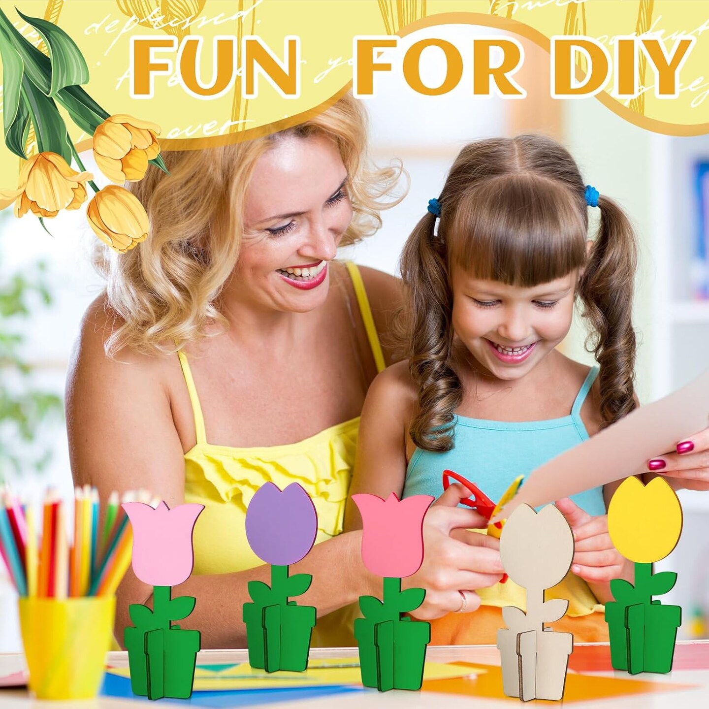 36 Pcs Spring Activity Crafts Set Include 24 3D Wooden Flower Cutouts with 12 Colored Markers Unfinished Tulip Slices Wood Flower to Paint for Mother&#x27;s Day DIY Spring Tiered Tray Decor Table Centerpiece
