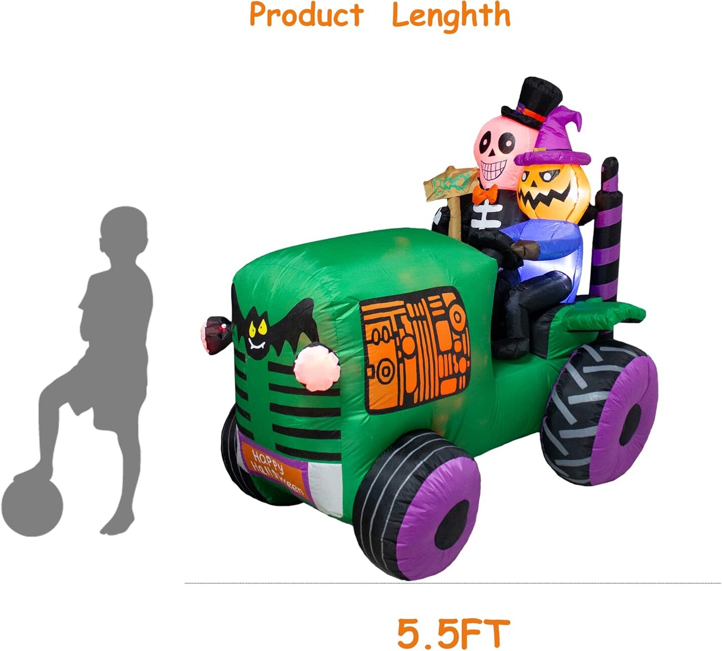 5.5Ft Long Halloween Inflatable Ghost Tractor LED Lights Decor Outdoor Indoor Holiday Decorations Halloween Blow up Car Lighted Yard Decor, Giant Lawn Inflatable Home Garden Party Decoration