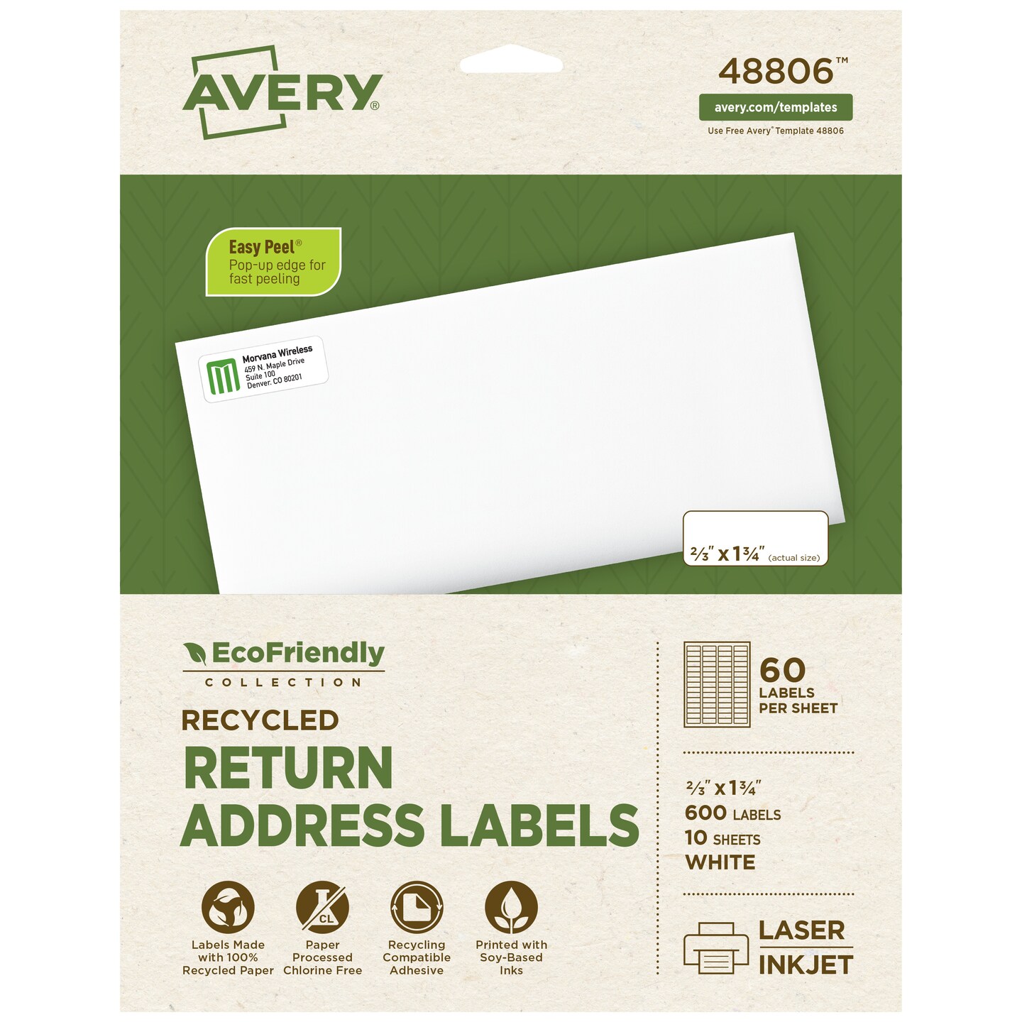 Avery EcoFriendly Recycled Address Labels, 2/3&#x22; x 1-3/4&#x22;, Matte White, Permanent Adhesive, Laser &#x26; Inkjet Printers, 600 Printable Labels (48806)