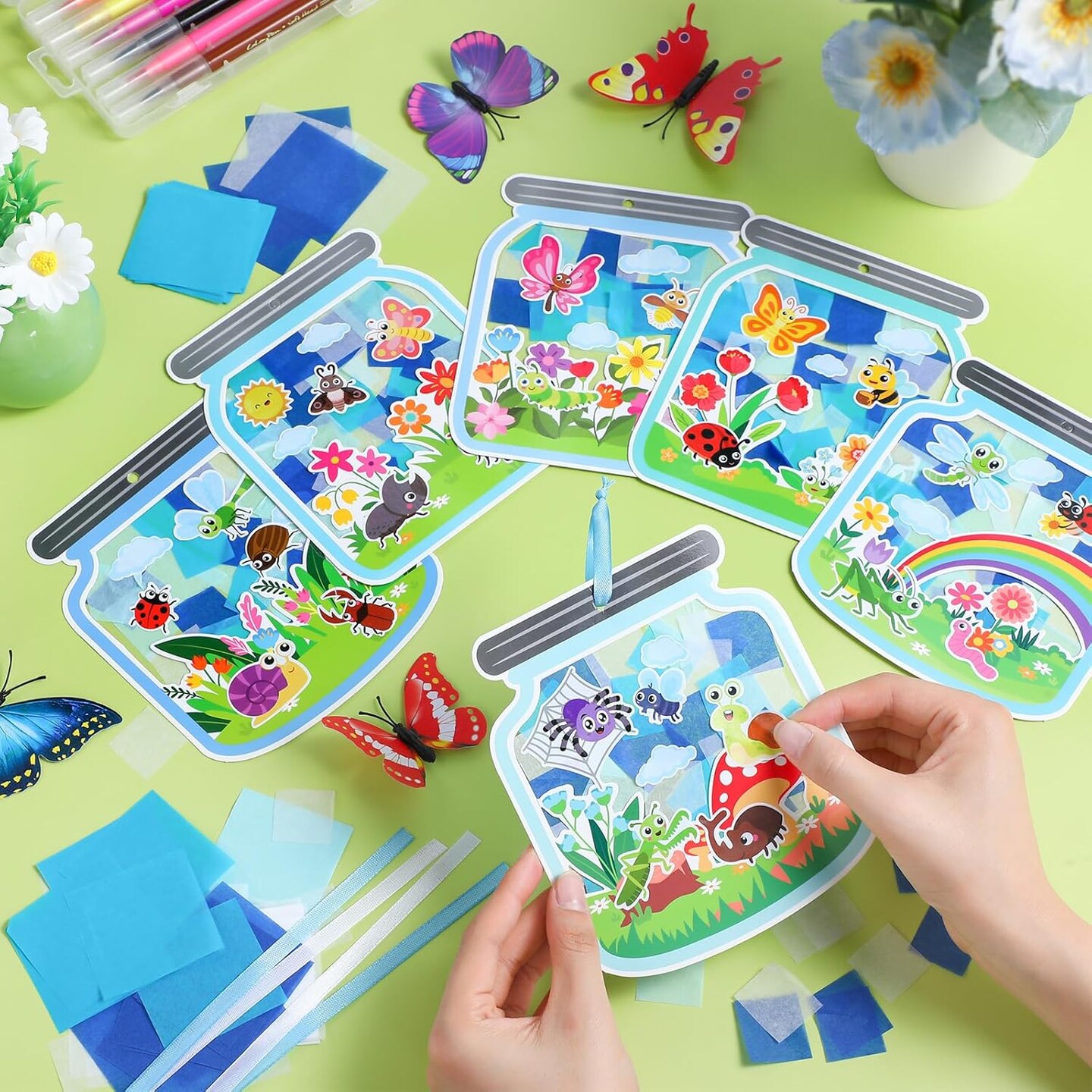 24 Pcs Activity Spring Insect Suncatcher Craft Kit Spring Summer Bugs Suncatcher Craft DIY Tissue Paper Suncatcher Decoration
