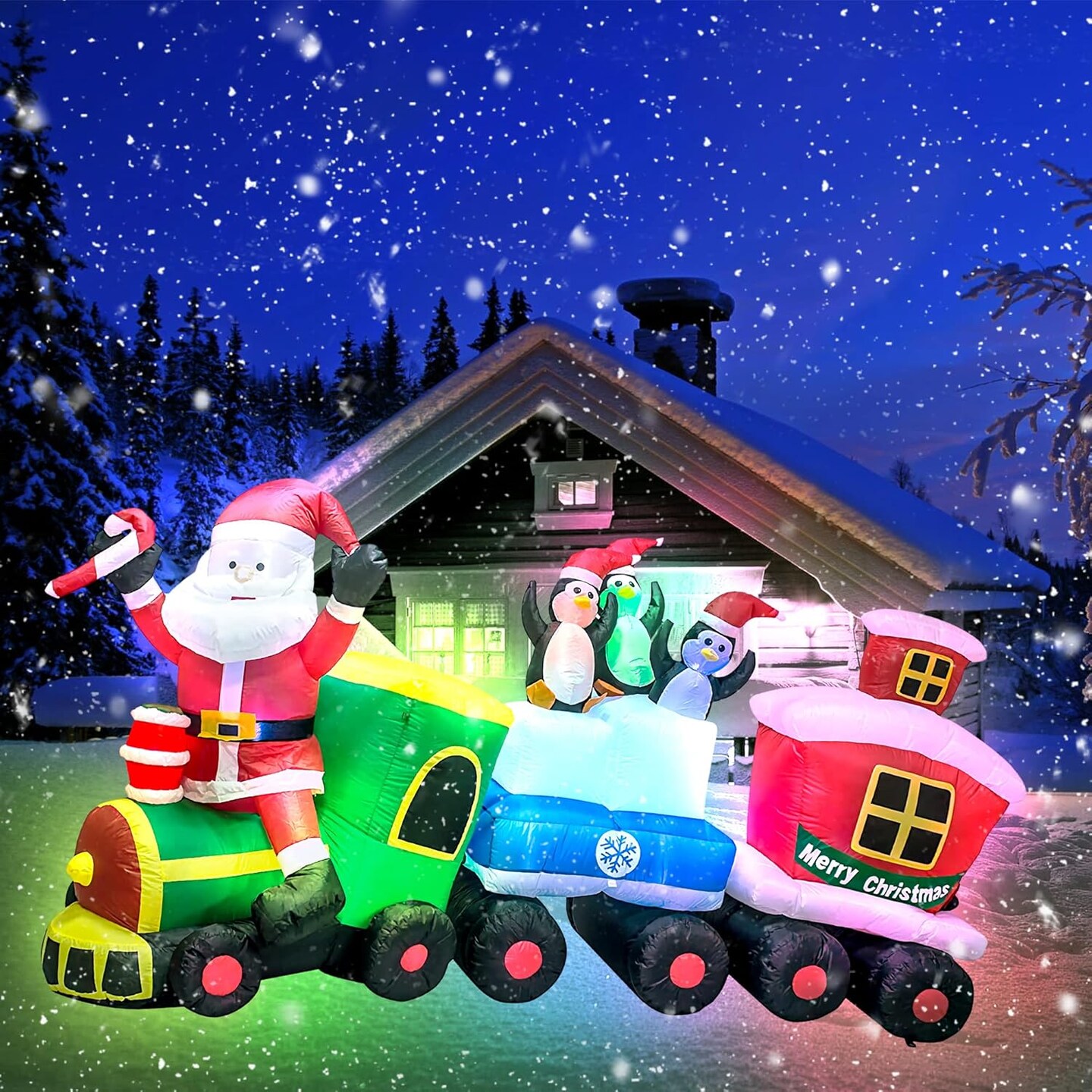 Christmas Inflatable Santa Train Decoration for Outdoor, 8ft Long Santa Claus Penguin Train Blow up Decoration with Flashing Lights Christmas Indoor Outdoor Yard Holiday Display Party Decor
