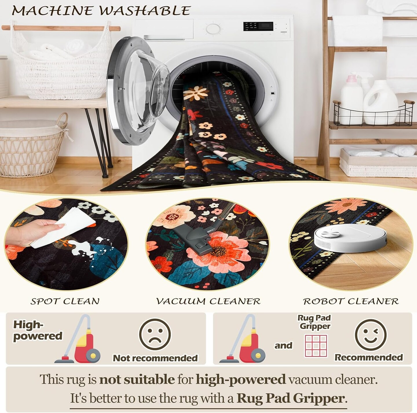 Spring Floral 5x7 Area Rug Machine Washable Boho Carpet Non Slip Doormat Low Pile Flower Area Rugs for Living Room Bedroom Kitchen Dining Room Hallway Entryway Indoor-Black