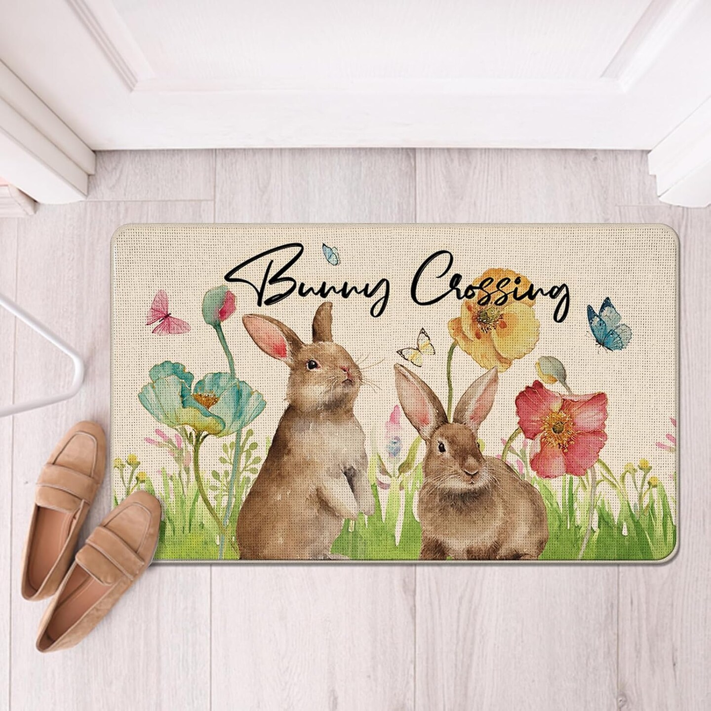 Easter Bunny Crossing Decorative Front Door Mat, Rabbit Poppy Flowers Floral Doormat Indoor Outdoor Non-Slip Floor Entryway Rug, Butterfly Spring Holiday Home Kitchen Decoration 17x29 Inch