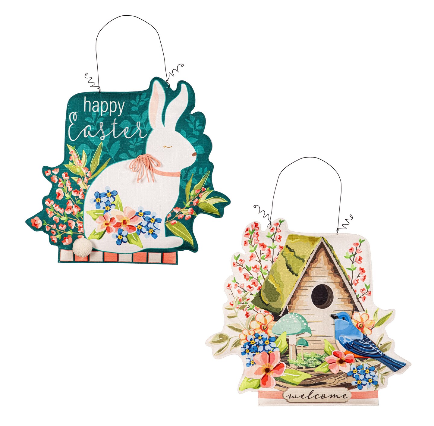 Easter Bunny and Spring Birdhouse Reversible Door Decoration