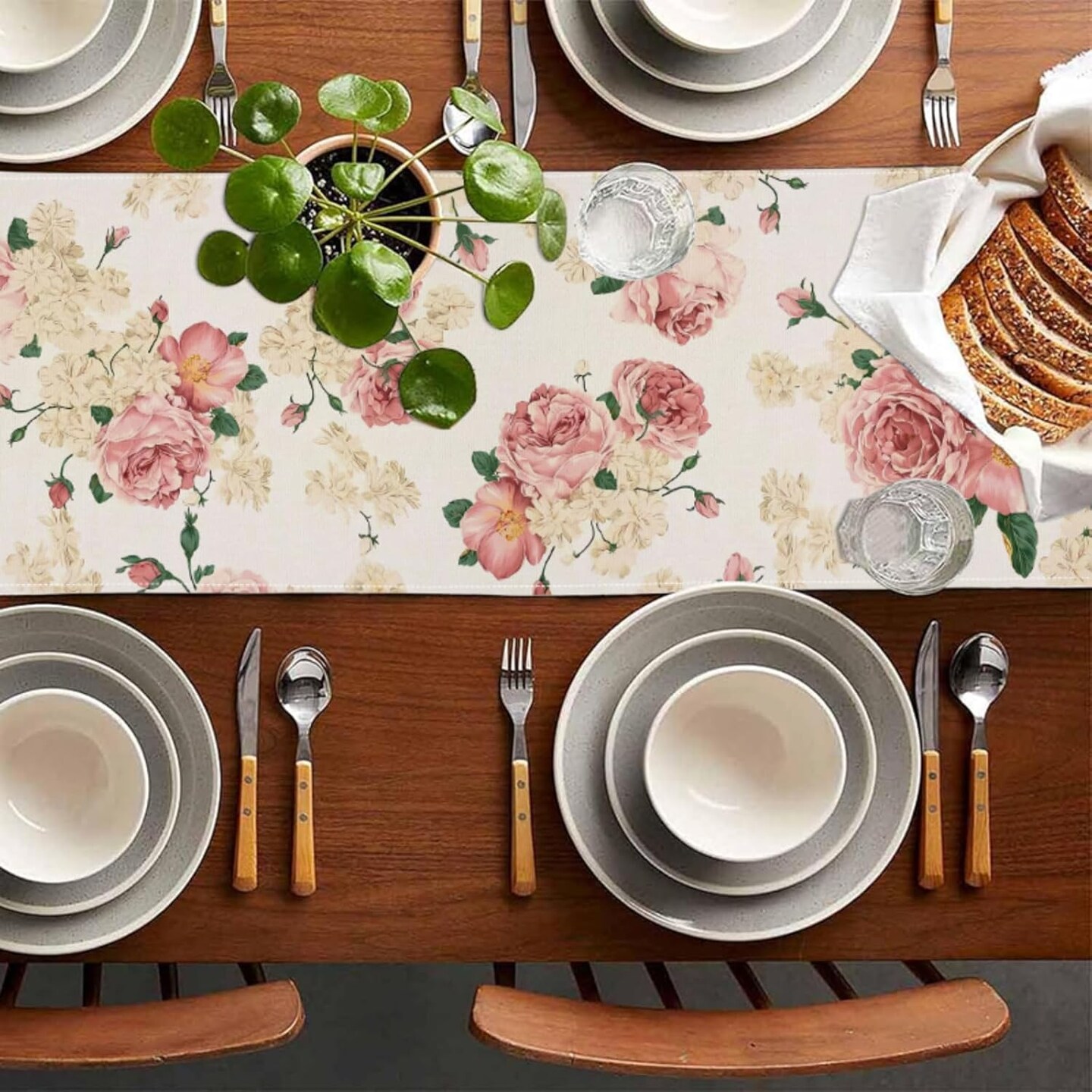 Spring Pink Peony Table Runner 13x72 Inch Spring Pink and Yellow Flowers Kitchen Dinning Table Decoration for Indoor Outdoor Home Party D&#xE9;cor