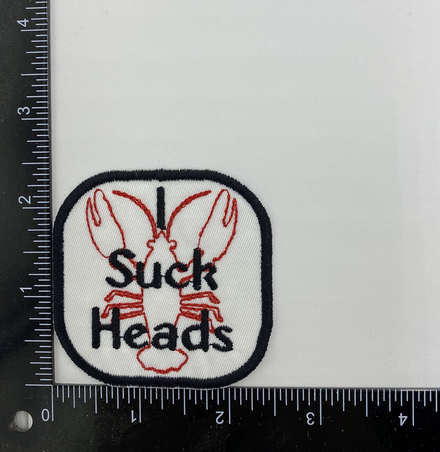 Funny Crawfish “I Suck Heads” Embroidered Iron-On Patch, Crawdad Boil Humor, 2.5 inch x 2.5 inch