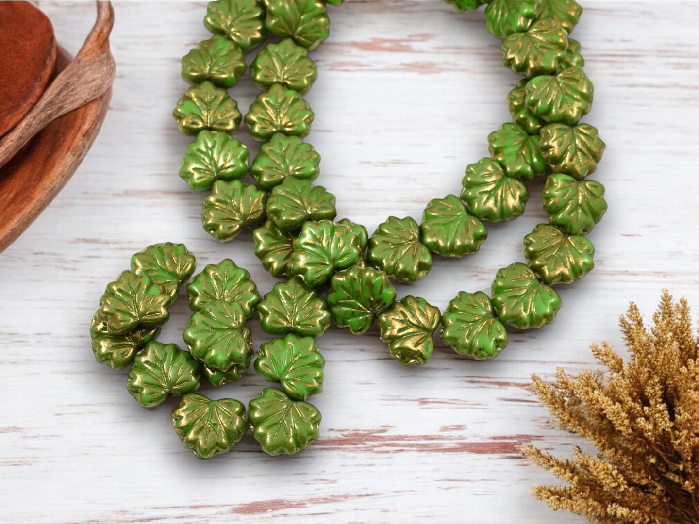 *20* 10x13mm Gold Lustered Olive Green Maple Leaf Beads