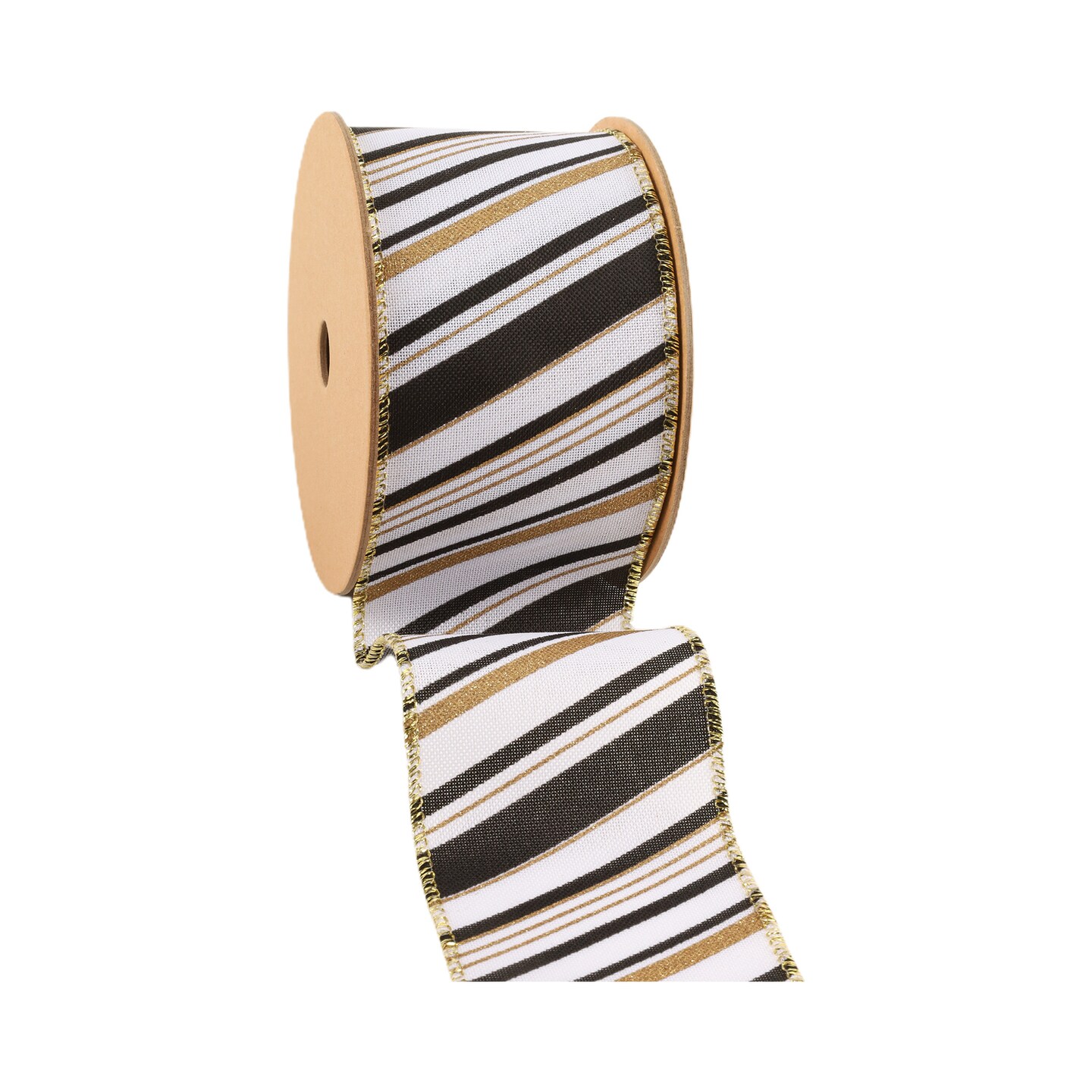 LaRibbons 2 1/2" - 1 1/2" Faux Linen Wired Ribbon | w/ Black & White & Gold Stamping Twill Stripe | 10 Yard Roll