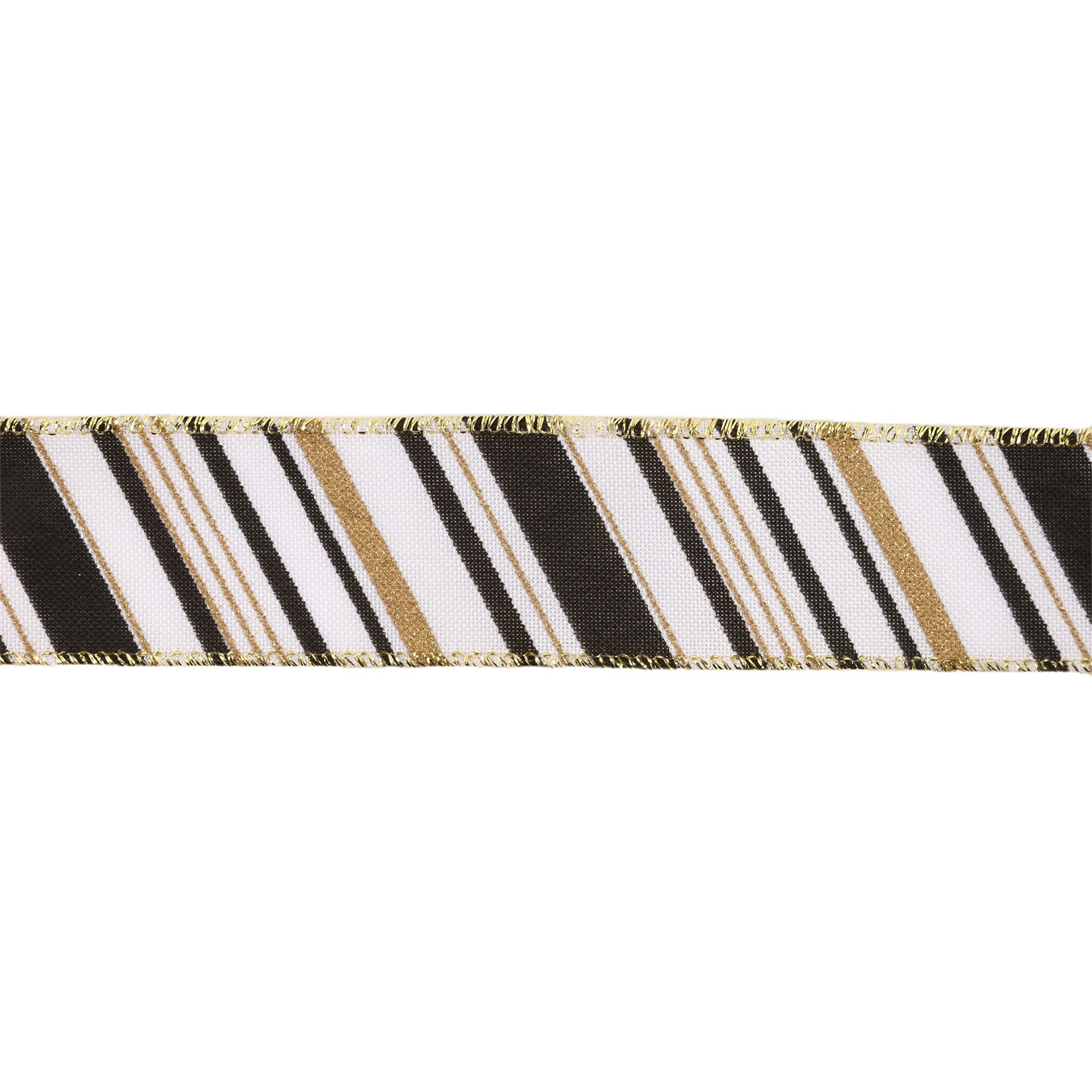 LaRibbons 2 1/2" - 1 1/2" Faux Linen Wired Ribbon | w/ Black & White & Gold Stamping Twill Stripe | 10 Yard Roll