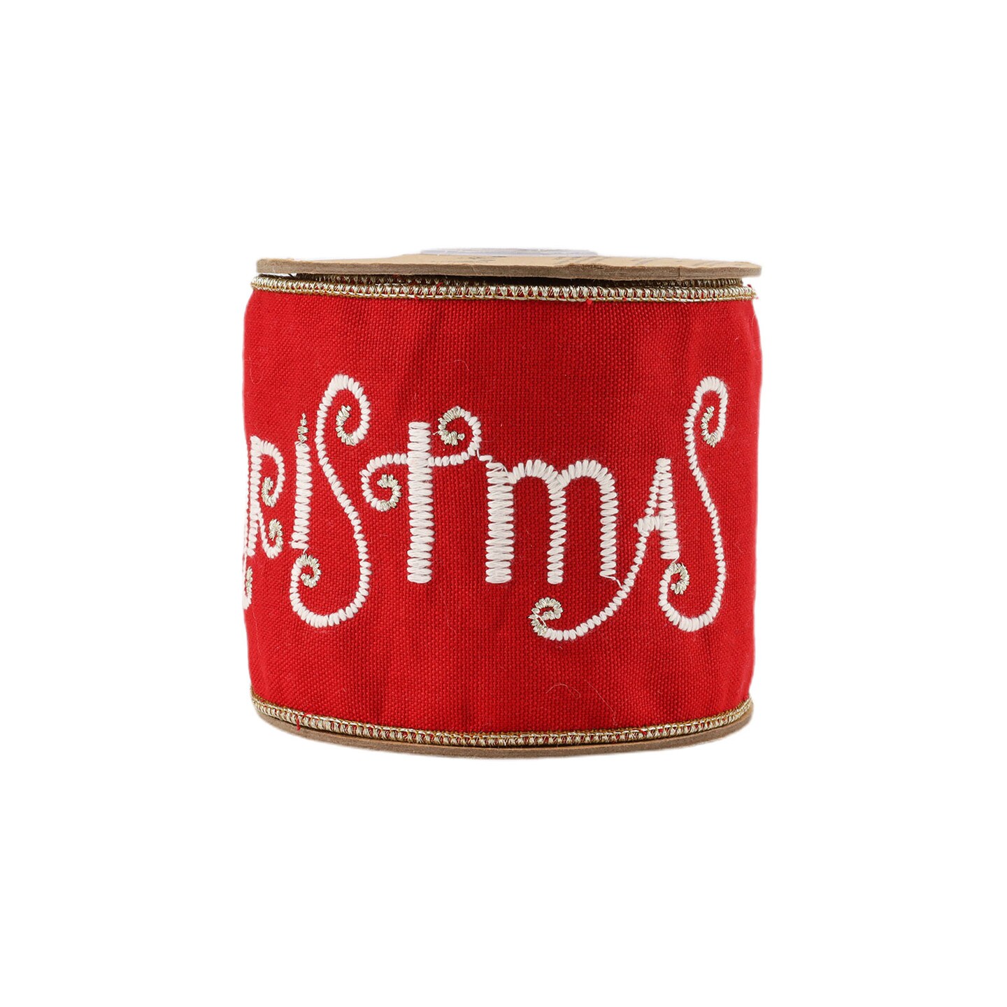 LaRibbons 4&#x22; Wired Ribbon | Merry Christmas Embroidered on Red Canvas w/ Tissue Backing | 5 Yard Roll