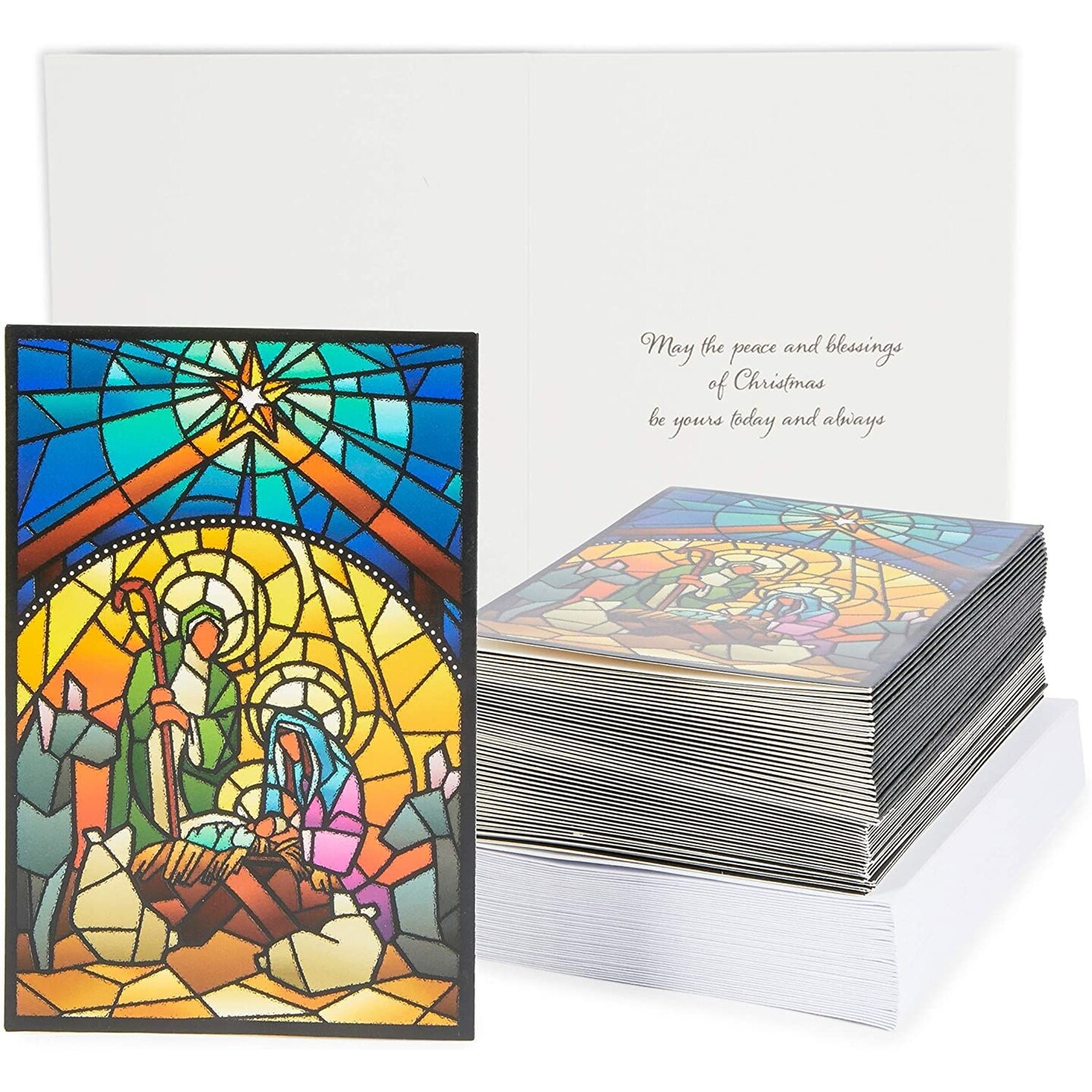Faithful Finds 48 Pack Religious Christmas Cards with Foil Lined Envelopes, Stained Glass Nativity Scene, Write Personalized Xmas Greetings and Get Crafty with Christmas Cards Variety (4 x 6 In)