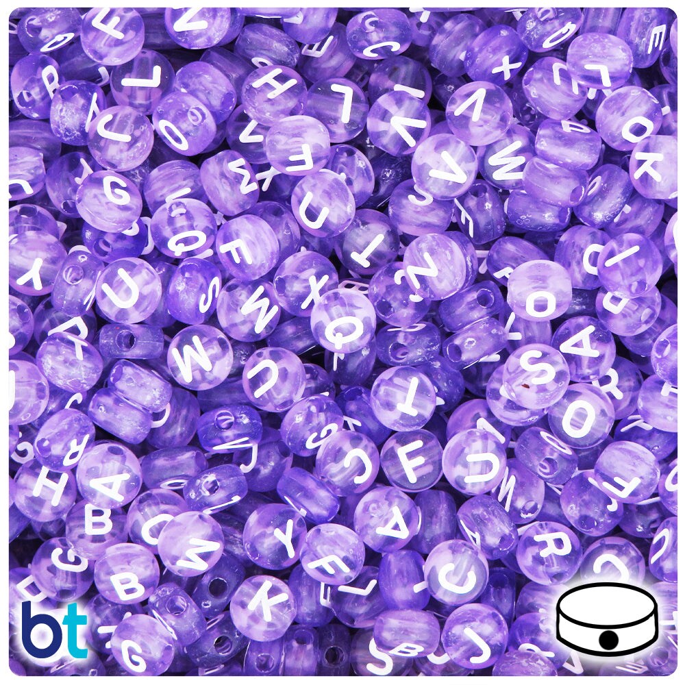 BeadTin Light Purple Transparent 7mm Coin Plastic Alpha Beads - White Letter Mix (250pcs)