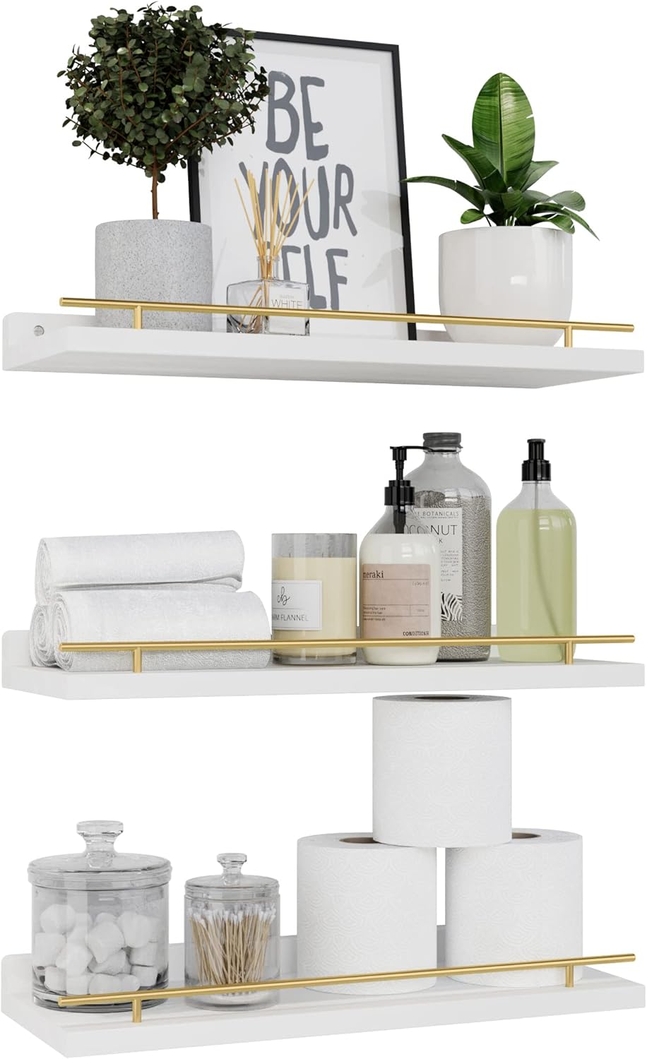 Floating Shelves with Gold Metal Guardrail, Shelves for Wall Decor Set of 3, Wall Shelves for Bedroom, Bathroom, Kitchen, Living Room, Plants, Picture Frames, Art- White and Gold