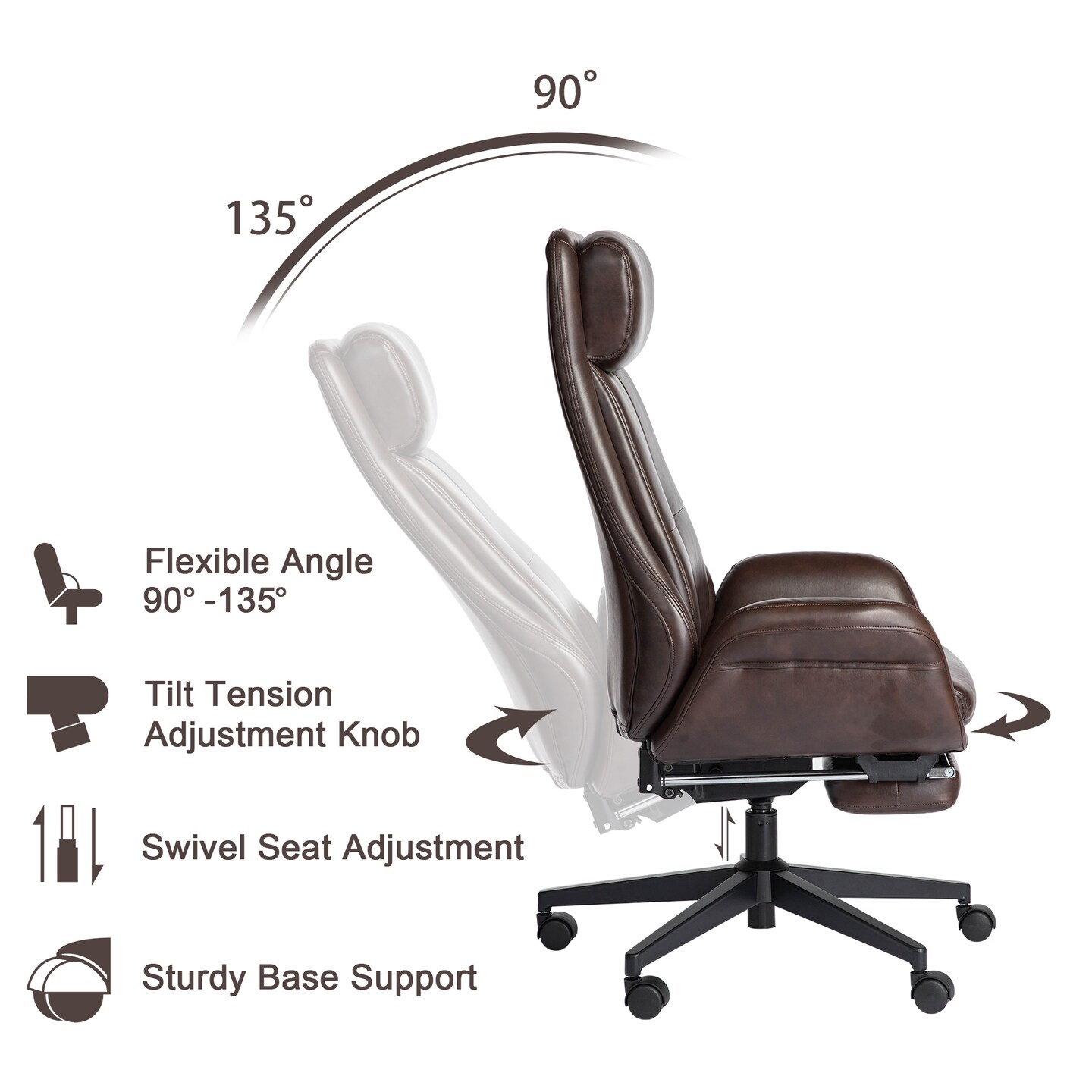 Mid-Century Modern Coffee Leatherette Gaslift Adjustable Swivel High Back Office Chair with Footrest and Armrest