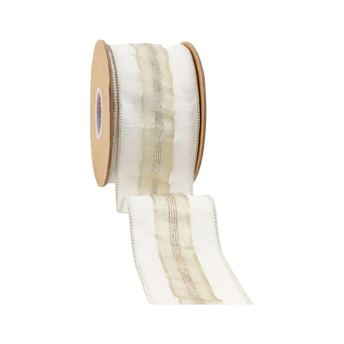 LaRibbons 2 1/2&#x22; Wired Dupioni Ribbon | Ivory w/ Platinum Trim | 5 Yard Roll