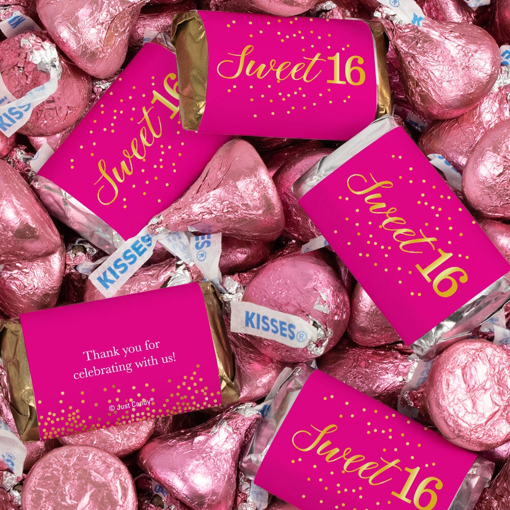 3lb Pink Sweet 16 Chocolate Candy Mix Assorted Wrapped Miniatures & Pink Foiled Kisses for Birthday Party Favors, Gift Bags, Candy Buffets & Dessert Tables