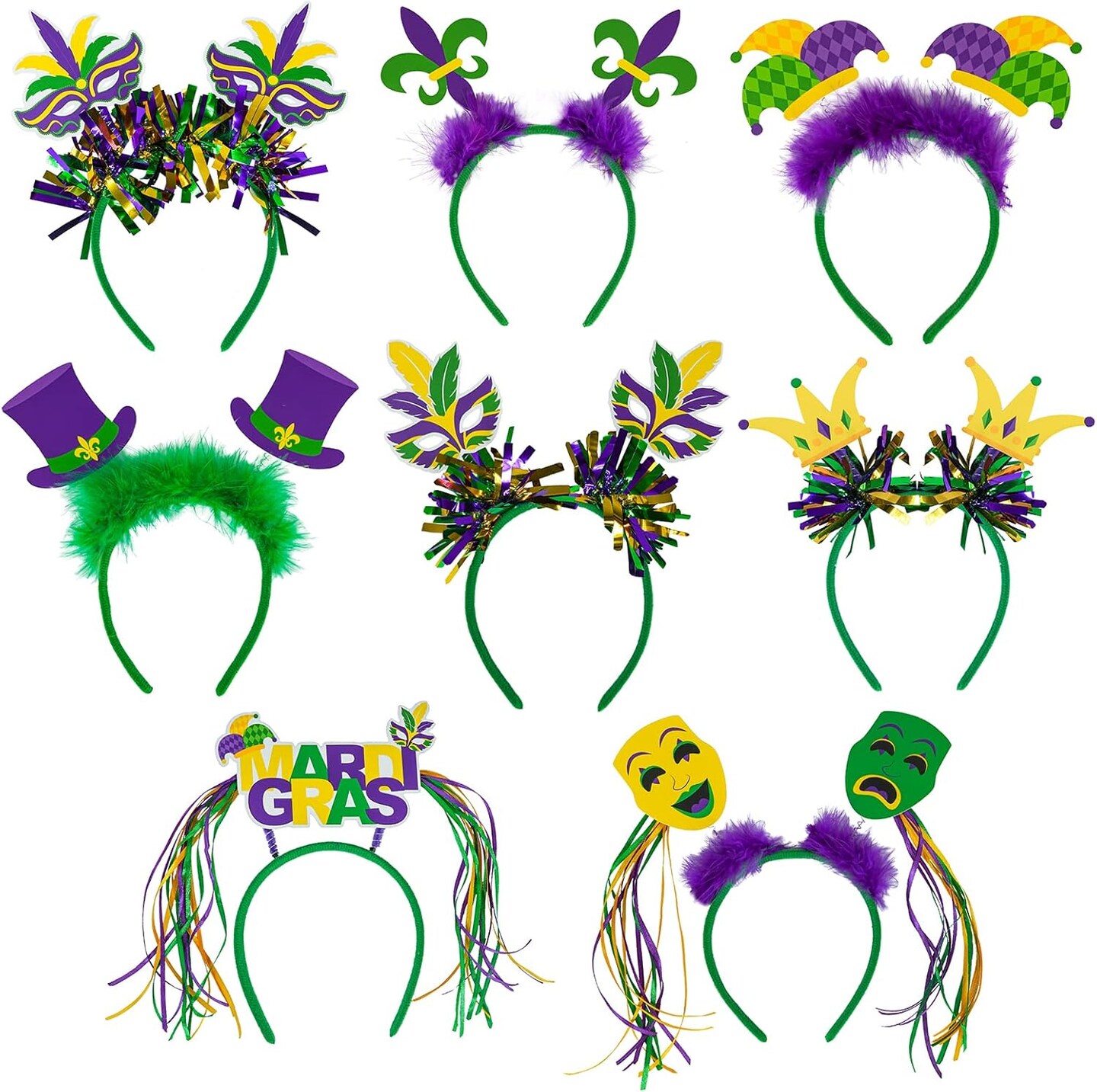 128 Pcs Mardi Gras Accessories Set – Bulk Party Favor Supplies with Beads Necklaces, Coins, Head Boppers, Bracelets & Tattoos in Purple, Green & Gold for Mardi Gras Masquerade, Parade & Décor