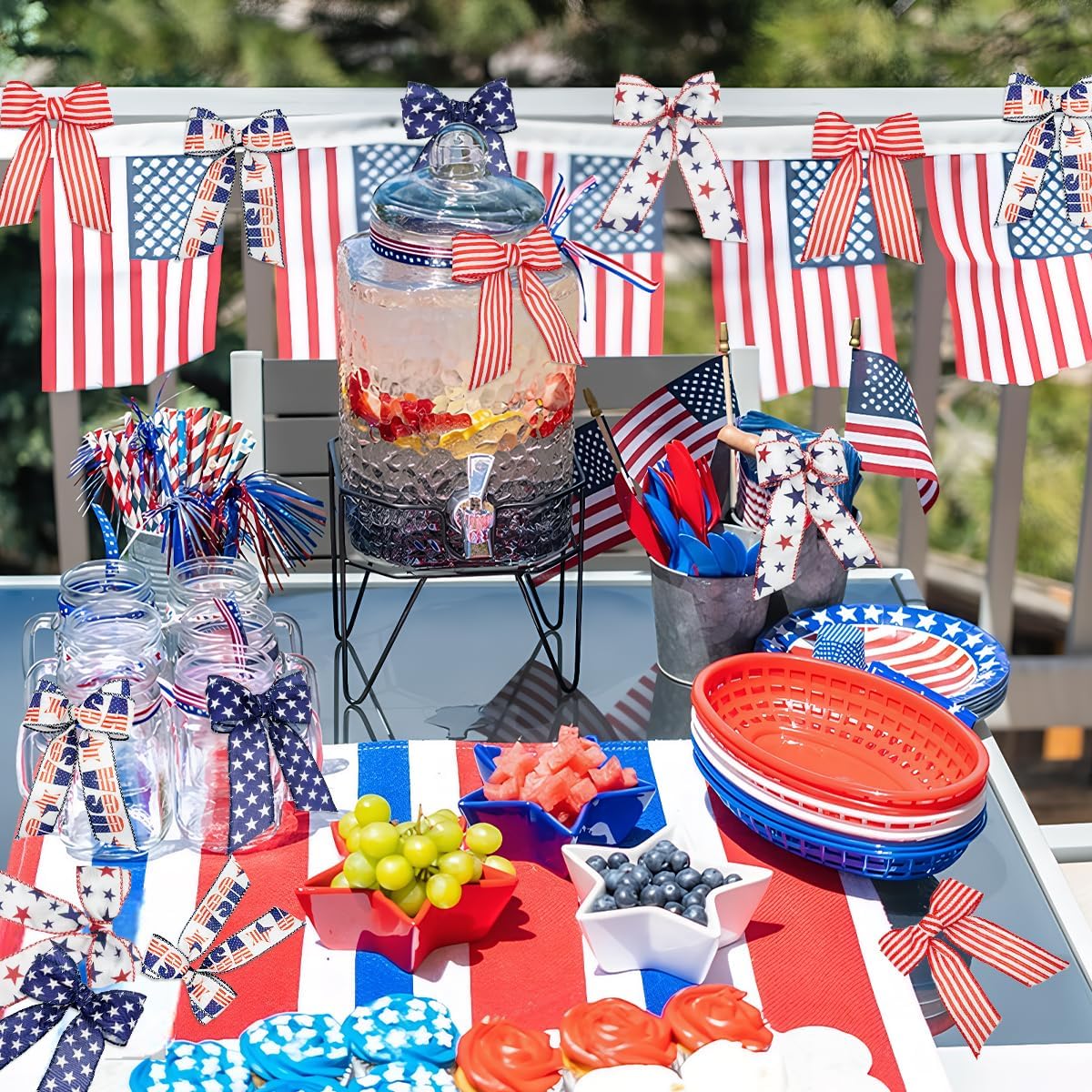 4 Rolls Patriotic Wired Edge Ribbon 12 Yard Buffalo Plaid Ribbon 4th of July Stars and Stripes Wrapping Ribbon for Independence Day Craft Decor