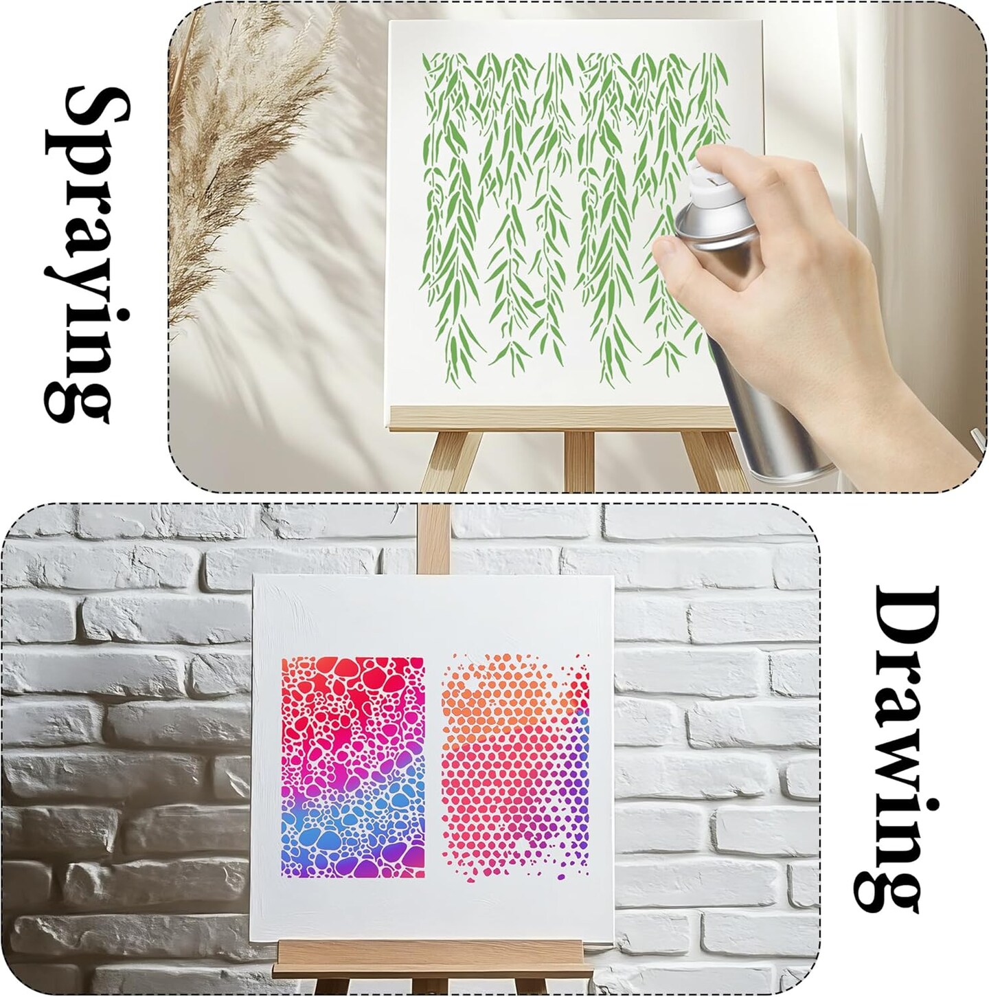 19 Pcs Stencils for Crafts Reusable,Branches Musical Notes Brick Floral Journal Stencils for Junk Journal,Art Card,Scrapbook,Cake and Wood Furniture