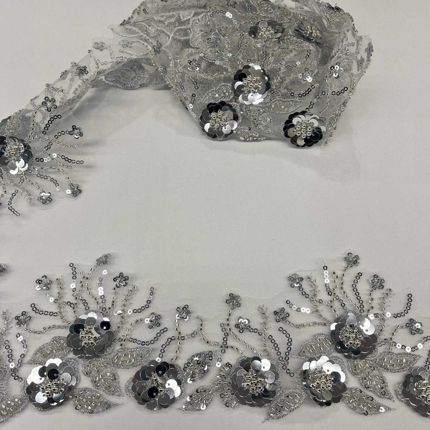 1 Yard Embroidered on 100% Polyester Net Mesh 4″ Wide Beaded & Corded Floral Lace Trimming