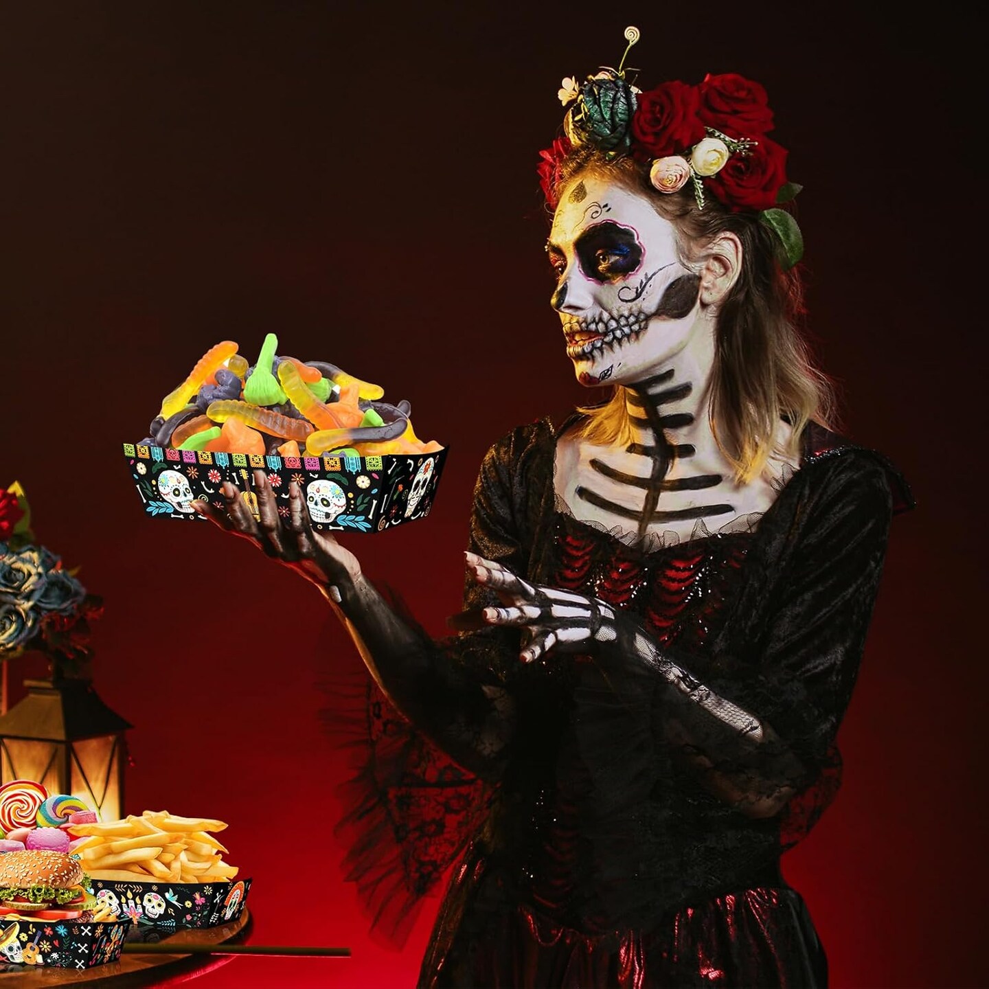 24 Pcs Day of The Dead Food Trays Sugar Skull Paper (Black)