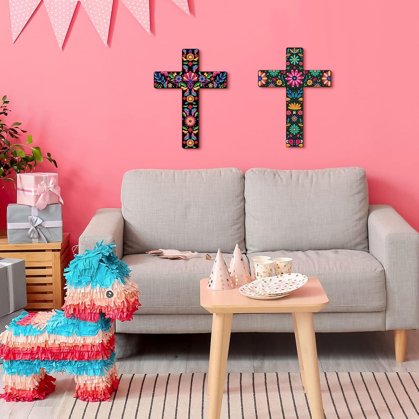 2 Pcs Mexican Cross Wall Decor Floral Day of The Dead Decoration (Floral)