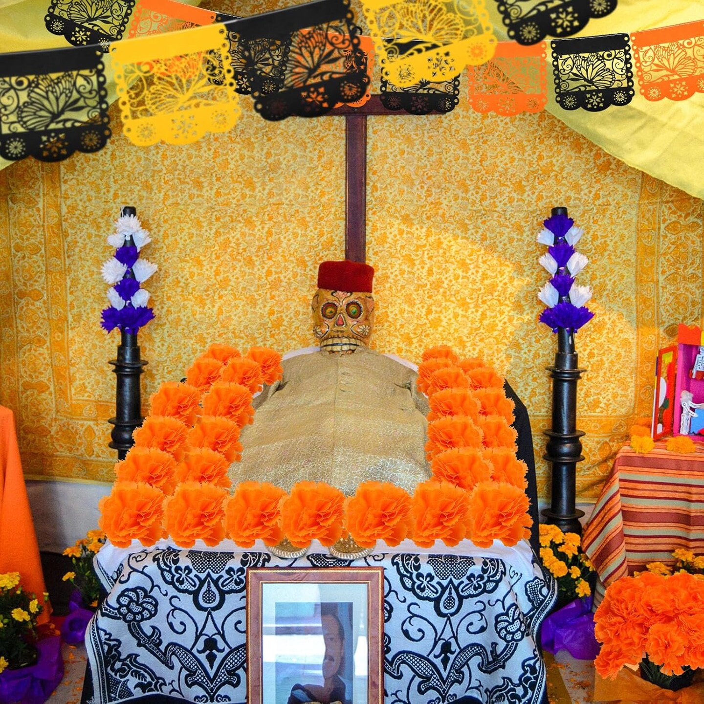 52 Pieces Day of the Dead Decorations Set (Mainly Orange, Black, Yellow)