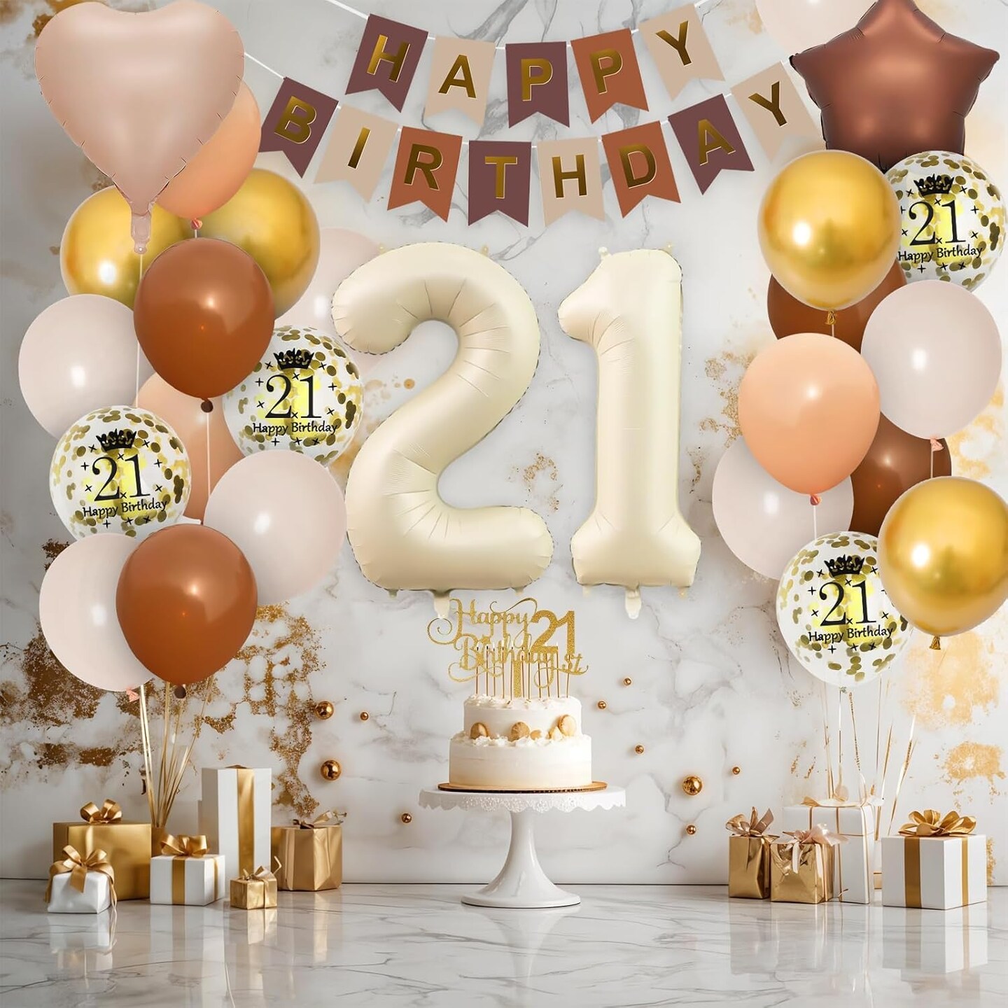 21st Birthday Balloon Number 21 Foil Balloon Happy Birthday Banner with Star Heart Balloons (21st Sand White Brown)