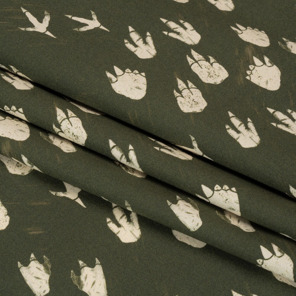 1 Yard Dark Olive Dinosaur Footprint Stretch Cotton Poplin Print Fabric