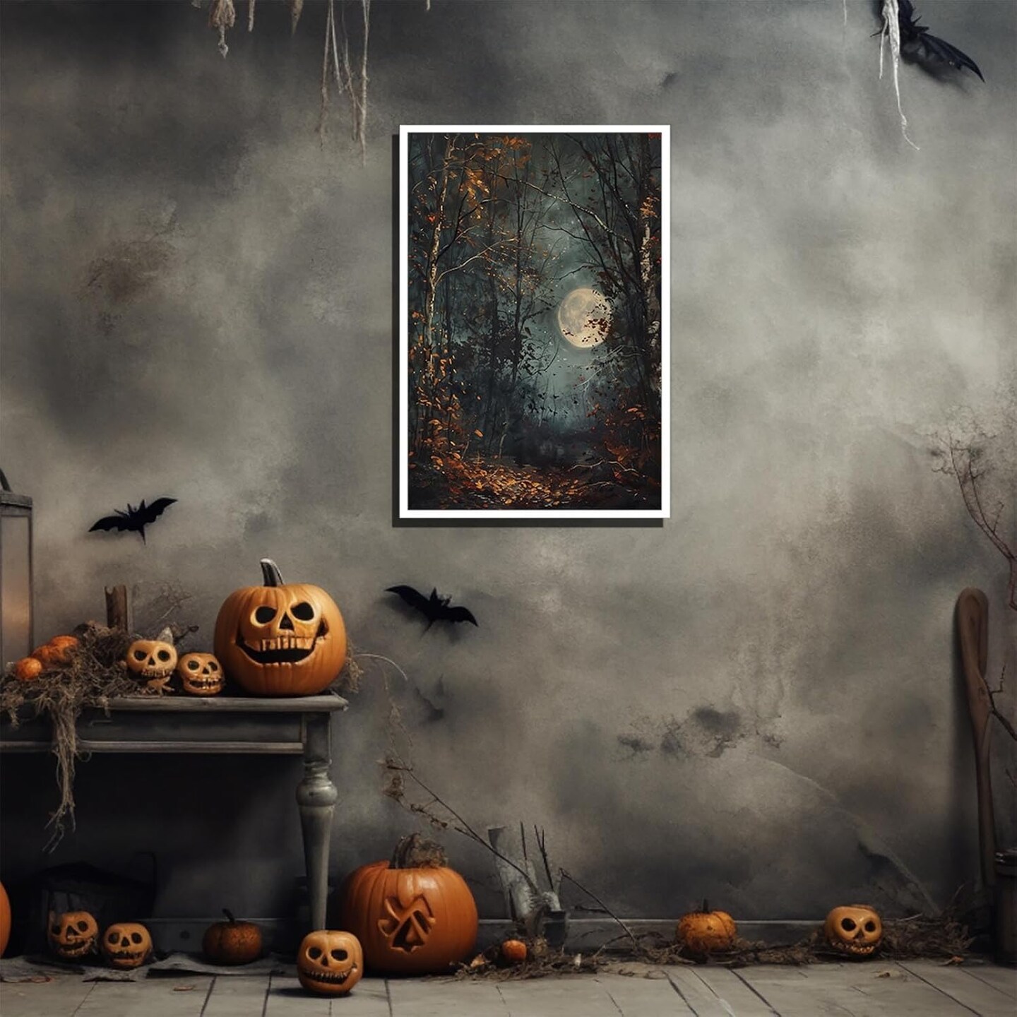 Horror Creepy Autumn Full Moon Dark Forest Canvas Wall Art – Cottagecore & Moody Fall Gothic Decor, Dark Academia Poster, 12x16 in Unframed