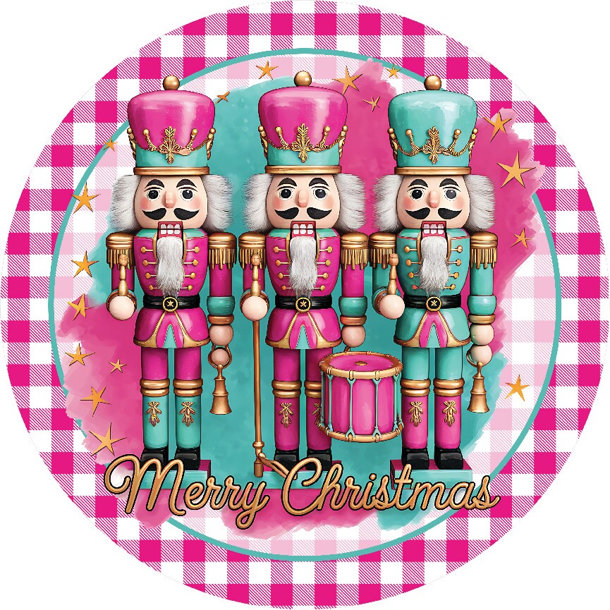 Merry Christmas Pink Teal Nutcracker Round Sign