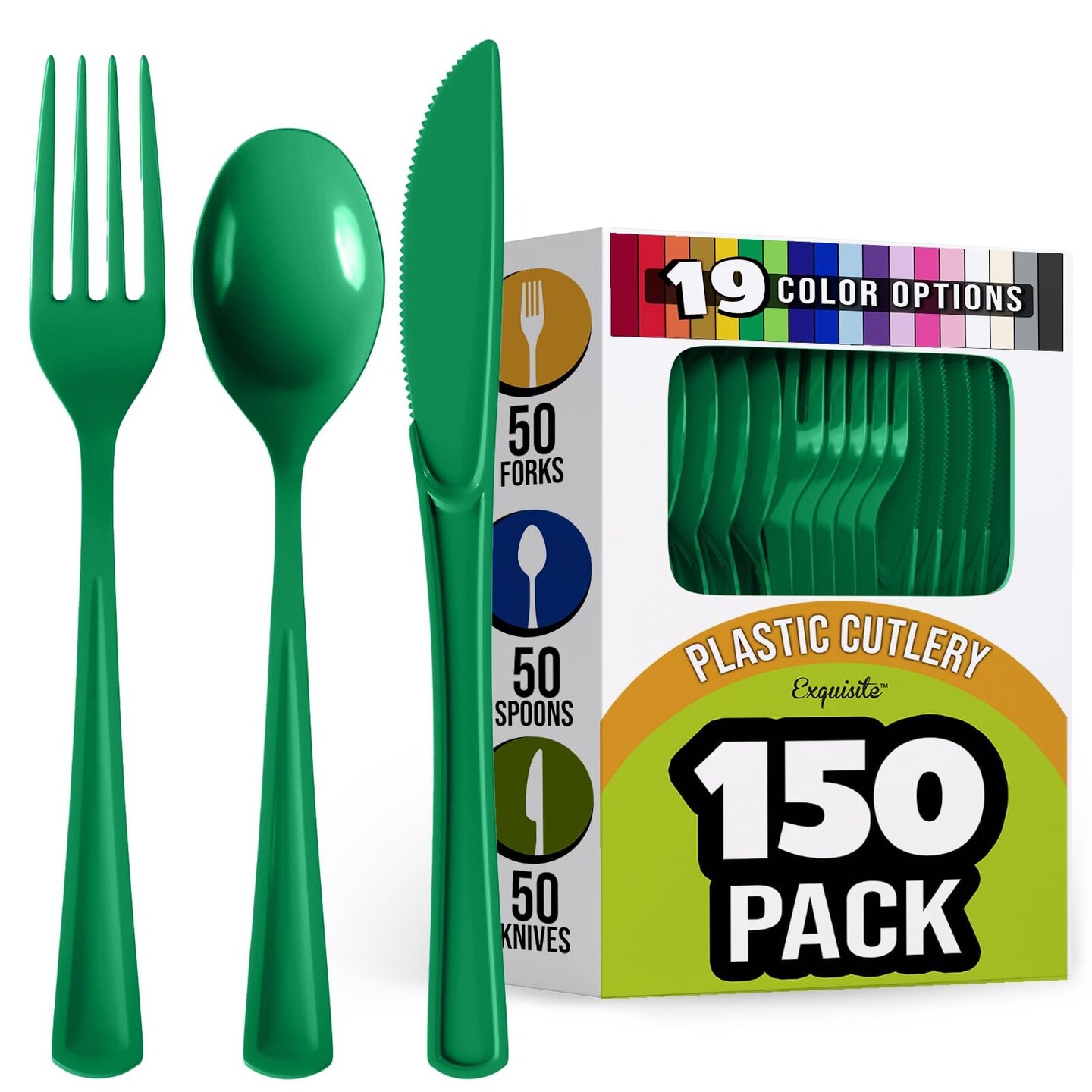 Exquisite Polished Plastic Silverware – 150 Pcs Heavy Duty Cutlery Set – 50 Each of Forks, Knives & Spoons – Disposable Utensil Set for Parties, Events & Catering – Flatware Set by Party Solids