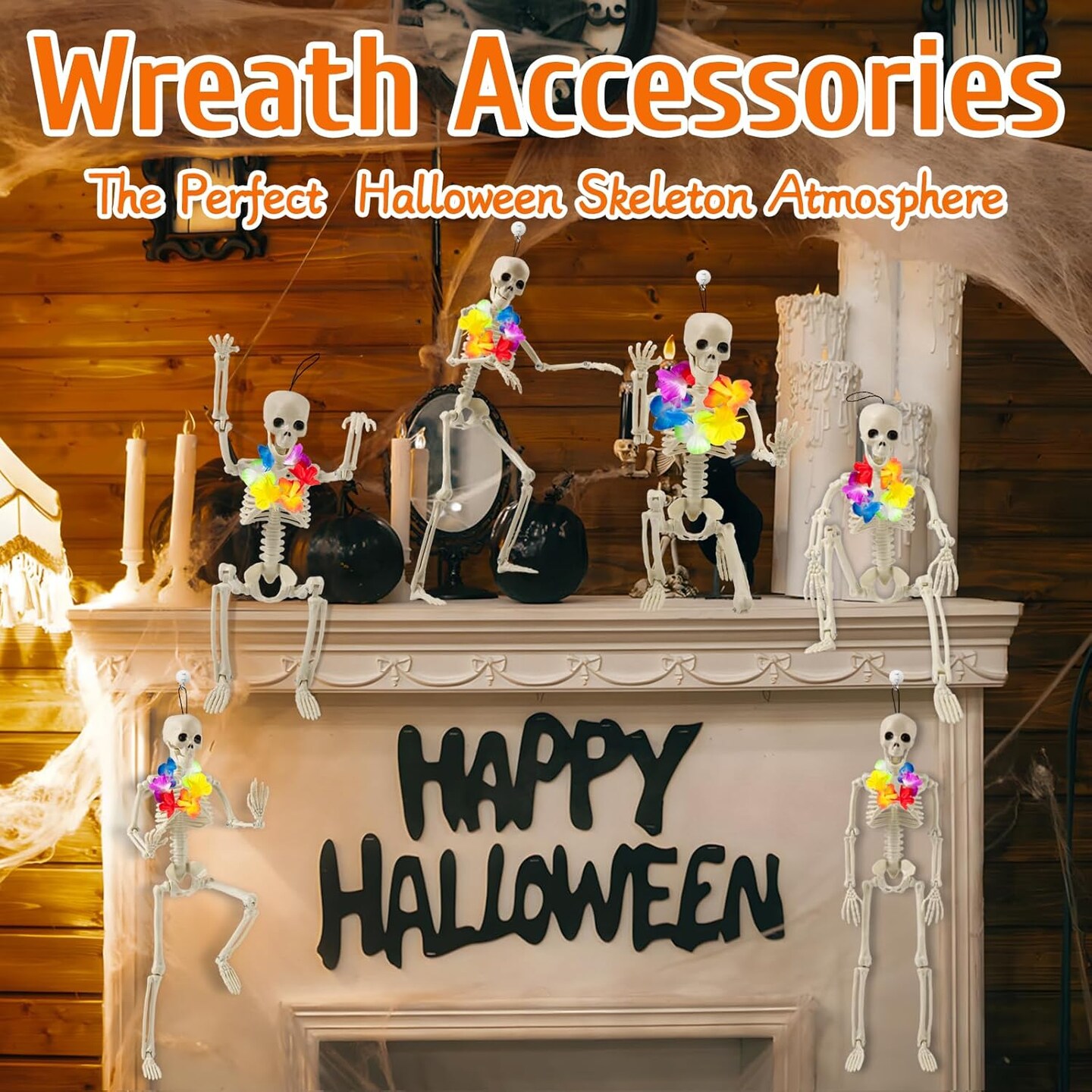 2 Pack Skeleton Decor With Wreathes, 16" Posable Plastic Mini Skeletons