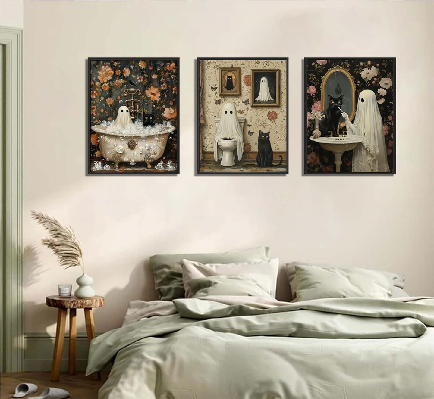 Halloween Ghost Wall Art Set – 3PCS Retro Horror Posters with Ghosts & Black Cat, Creepy Dark Academia Bathroom Decor for Gallery, Home & Halloween Decorations