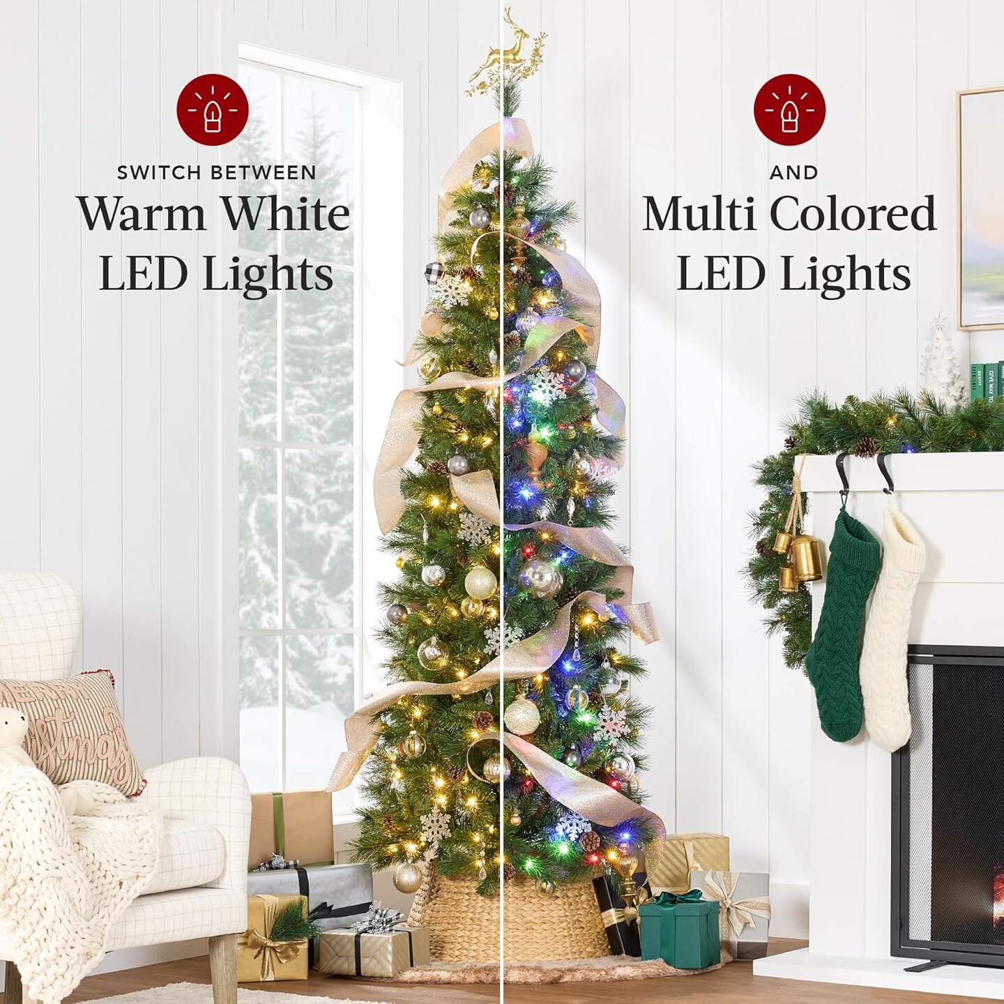 Frosted Pencil Christmas Tree Slim Pre Lit Scotch Pine with White & Multicolor LED Lights